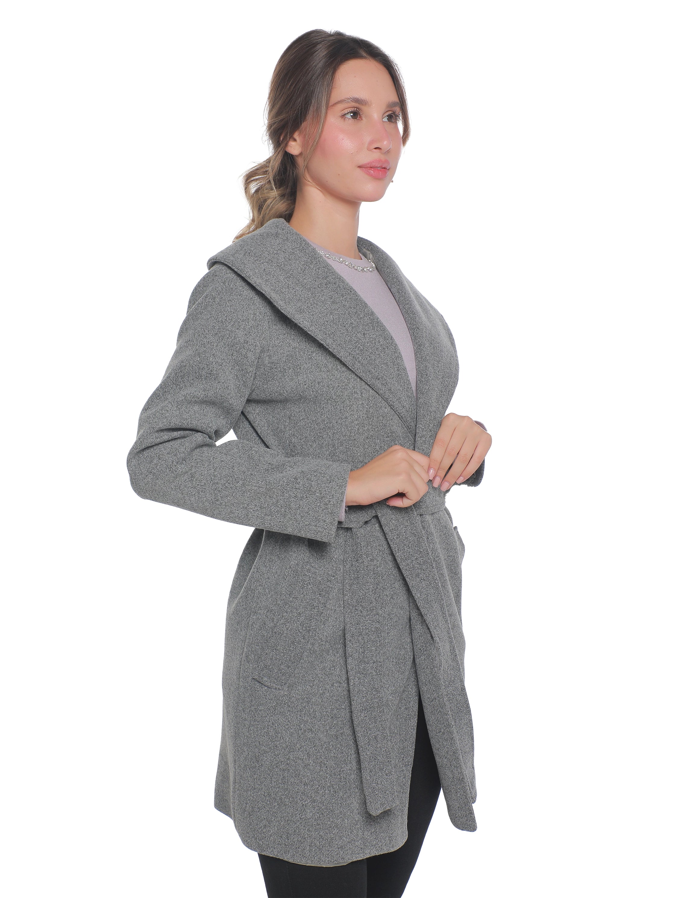 Grey Warm Belted Coat With Open Collar
