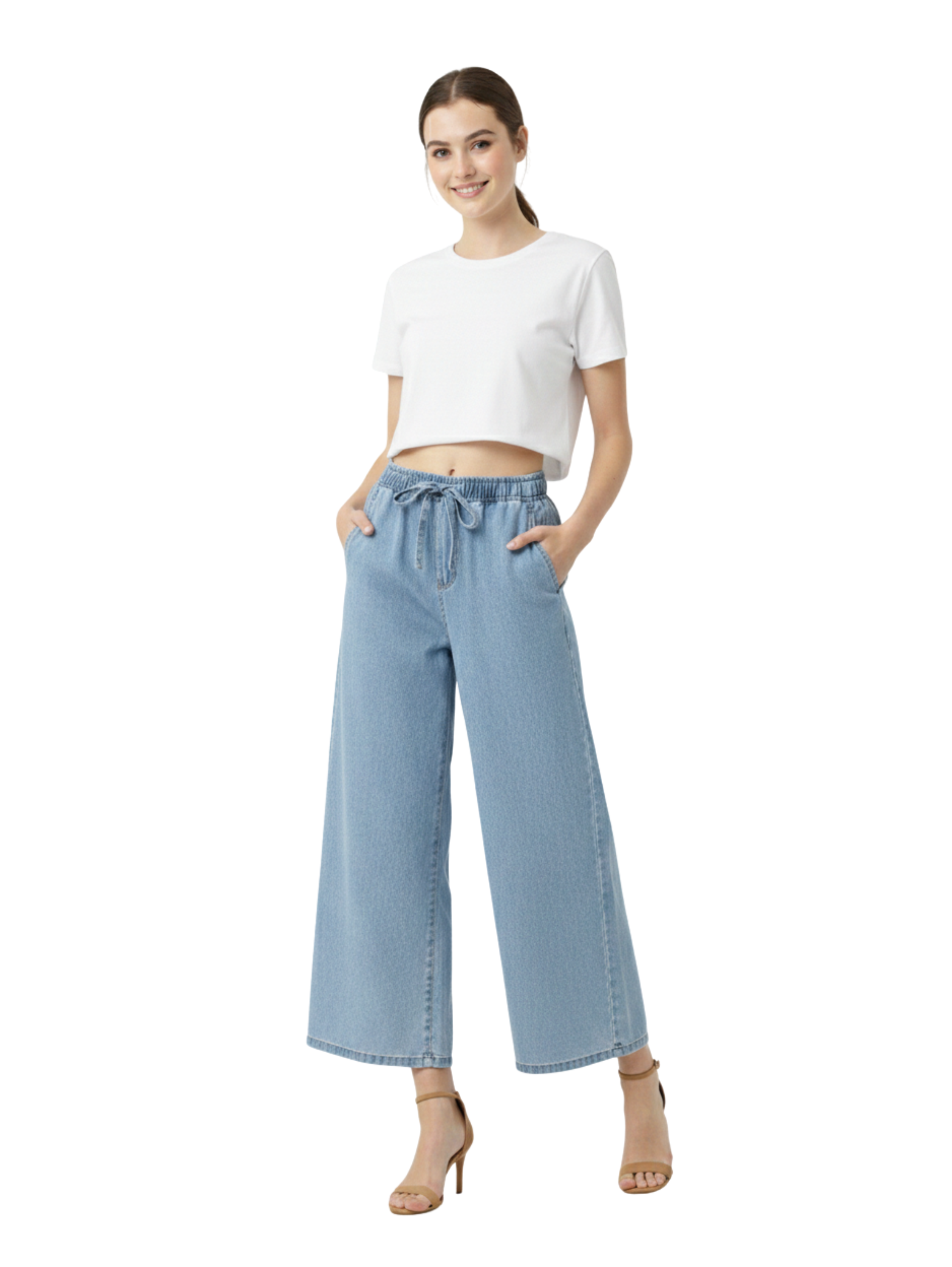 Blue Light Denim Pant With Elastic Waist