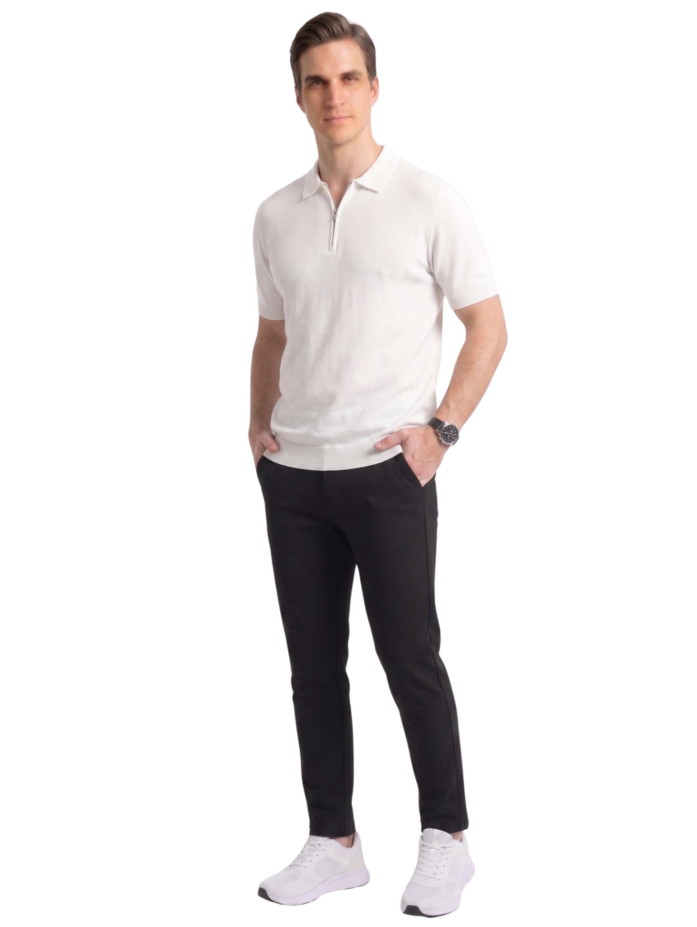 White Short Sleeved Polo With Modern Zip