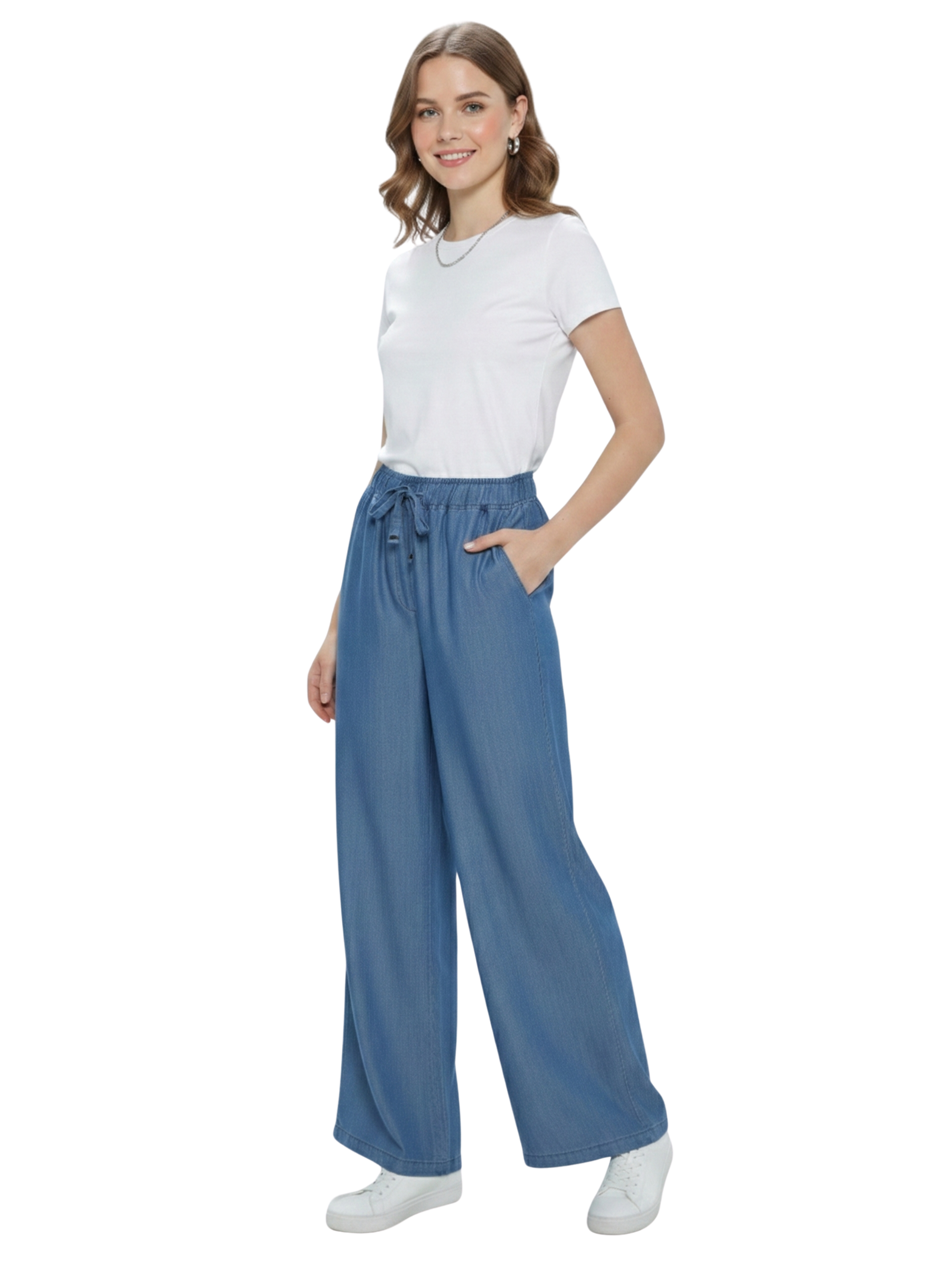 Dark Blue Light Denim Pant With Elastic Waist