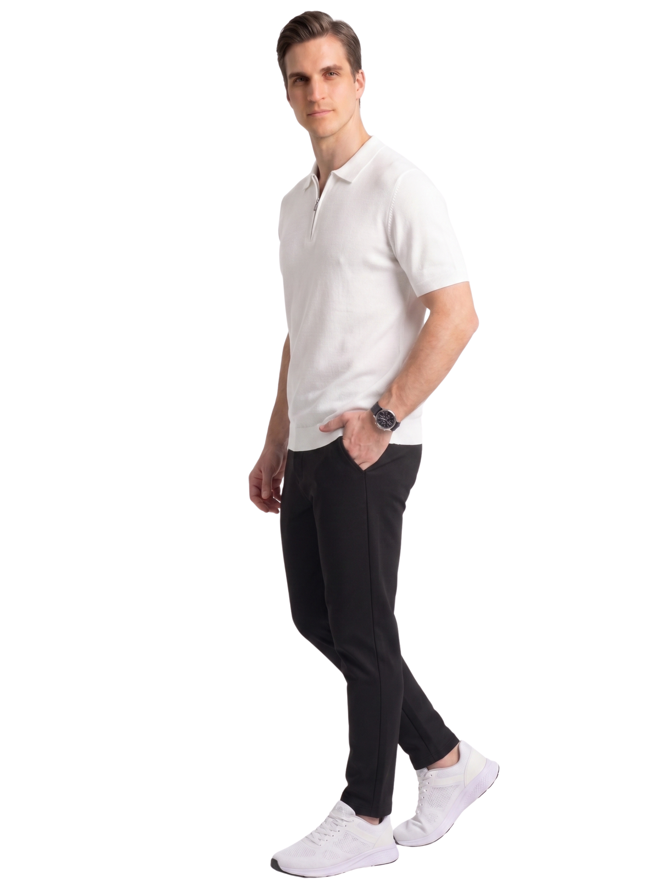 White Short Sleeved Polo With Modern Zip