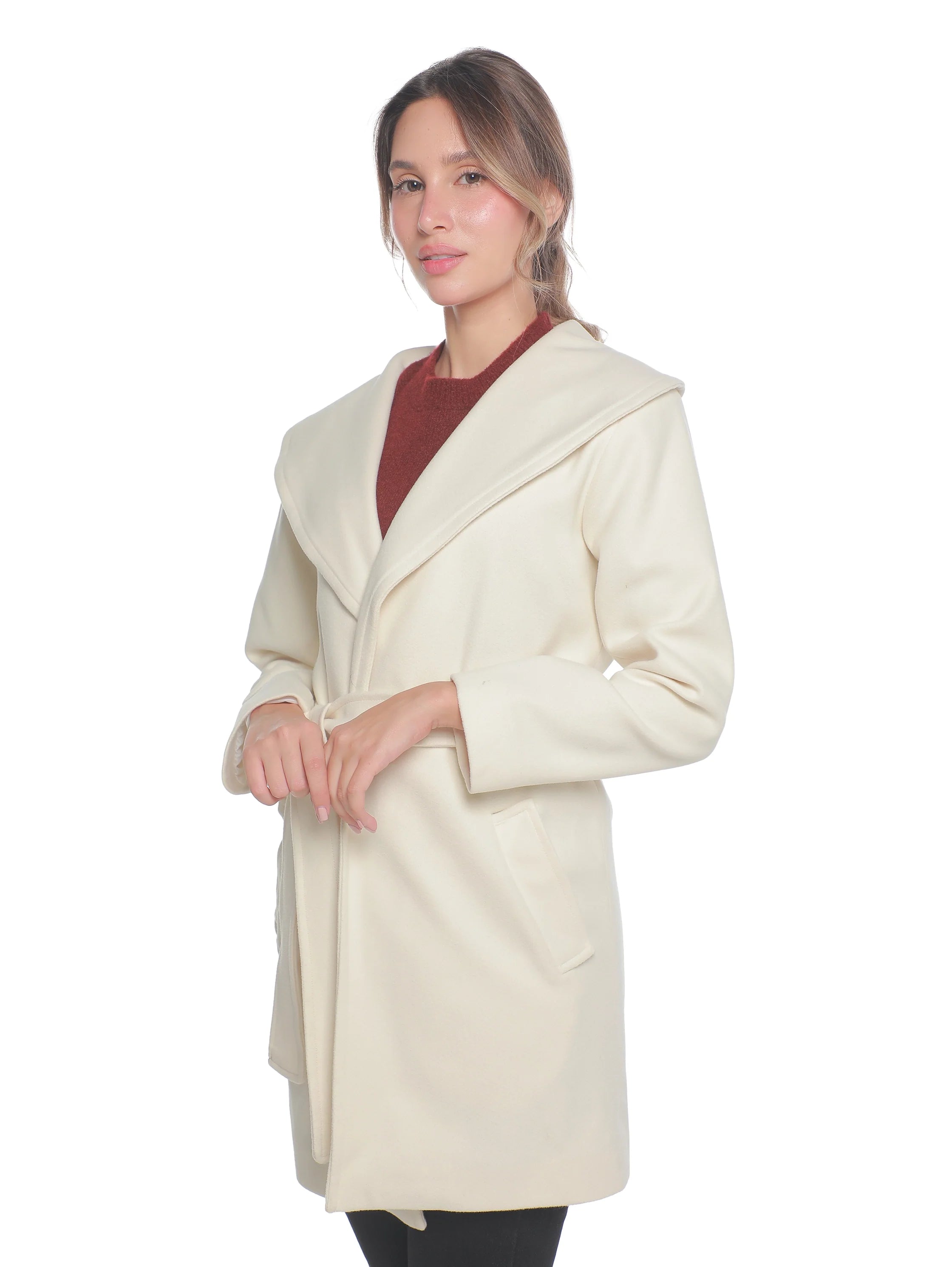 Offwhite Warm Belted Coat With Open Collar