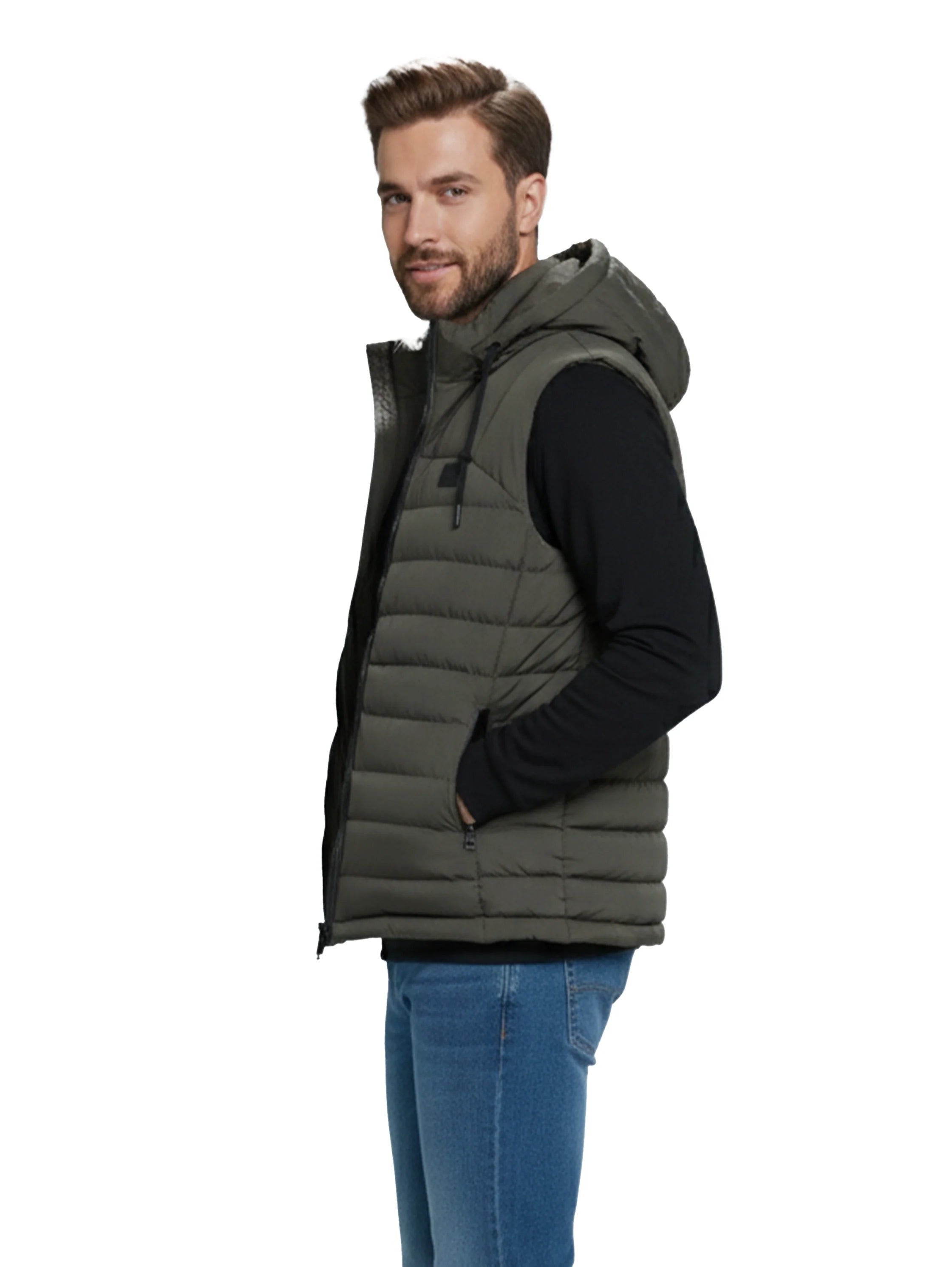 Olive Zippered Padded Vest With Hoodie