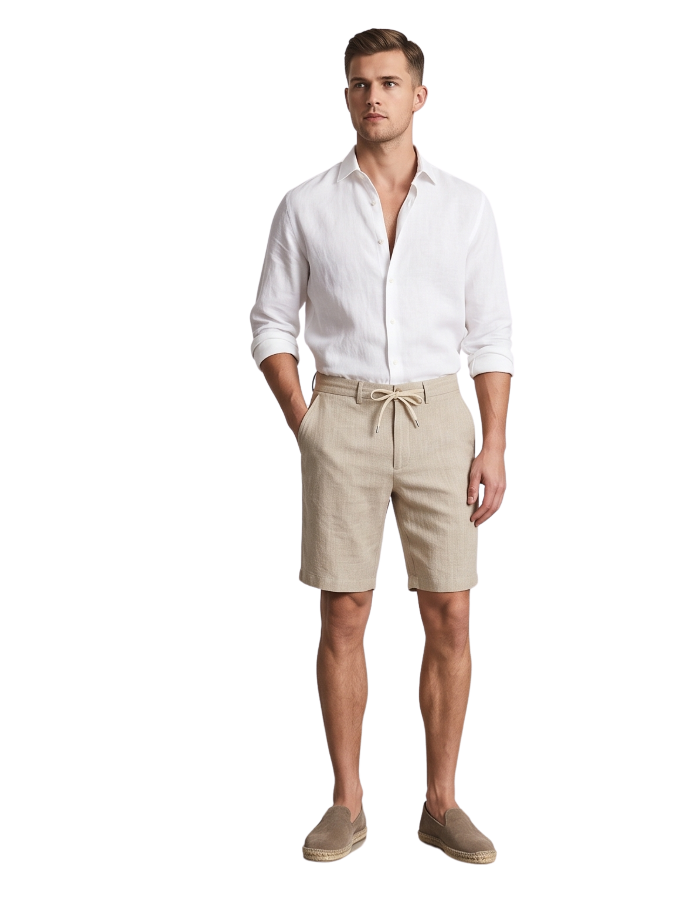 Beige Linen Drawstring Shorts