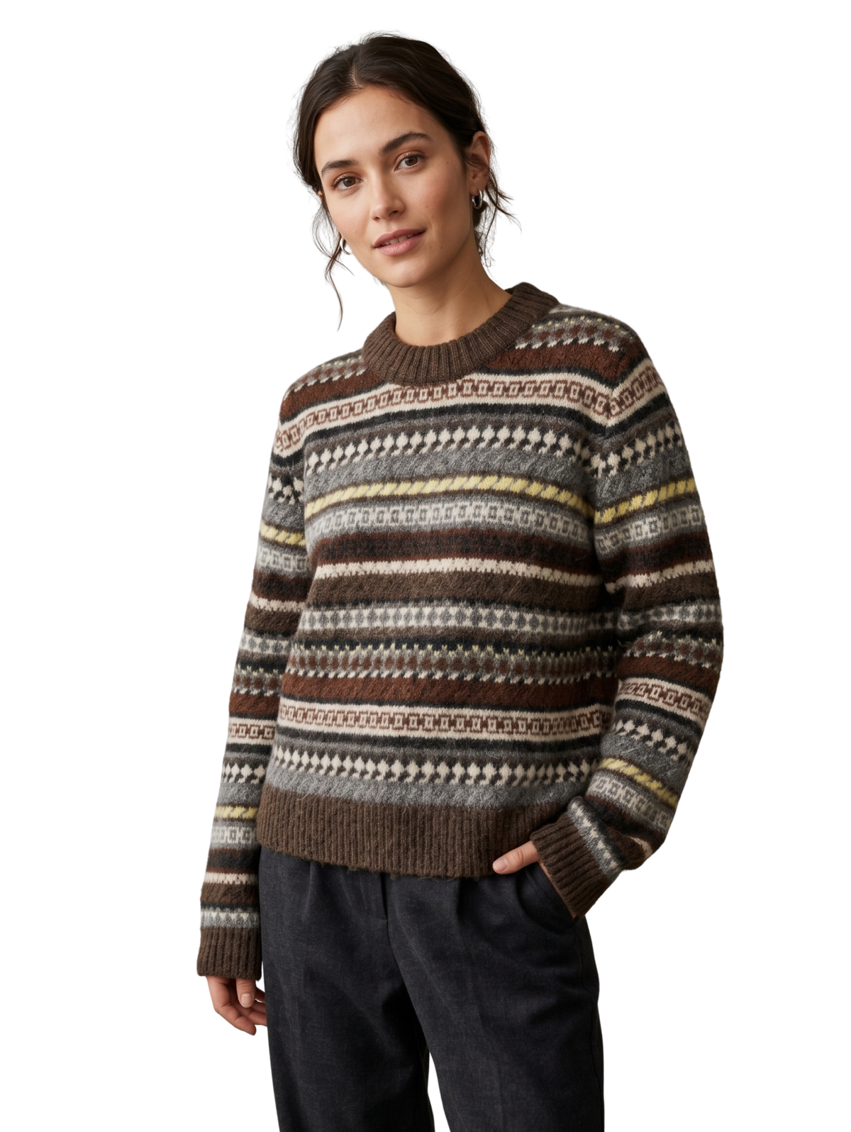 Brown Ribbed Crew Neckline Pullover