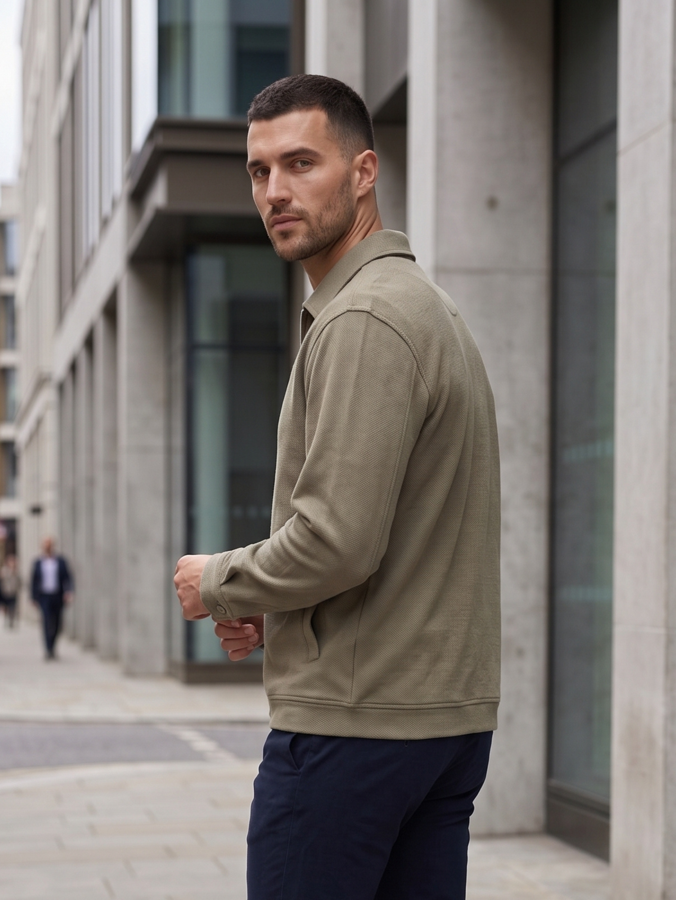 Casual Khaki Zip Up Jacket With Collar & Buttoned Cuffed
