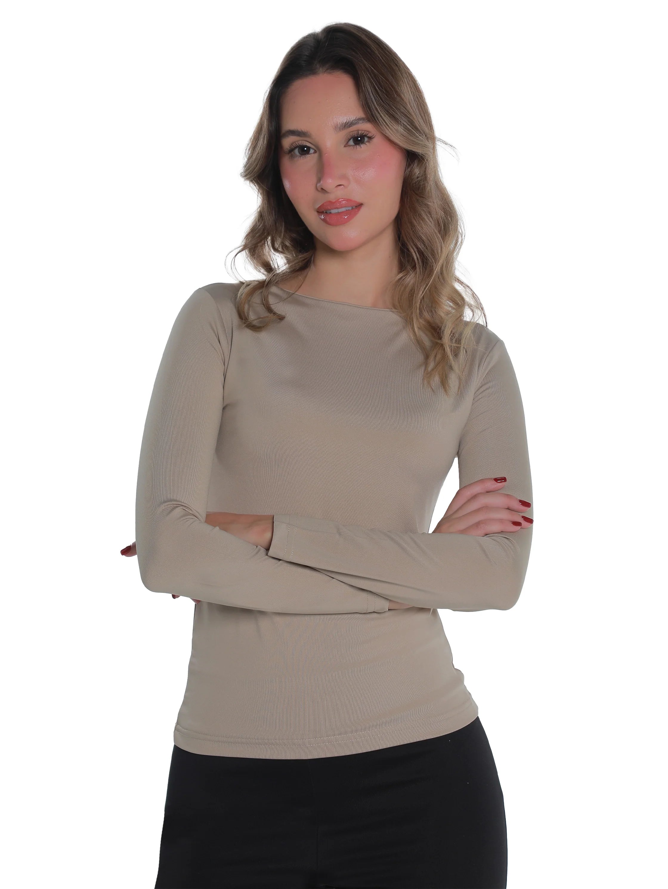 Long Sleeved Beige Basic Top Round Neck