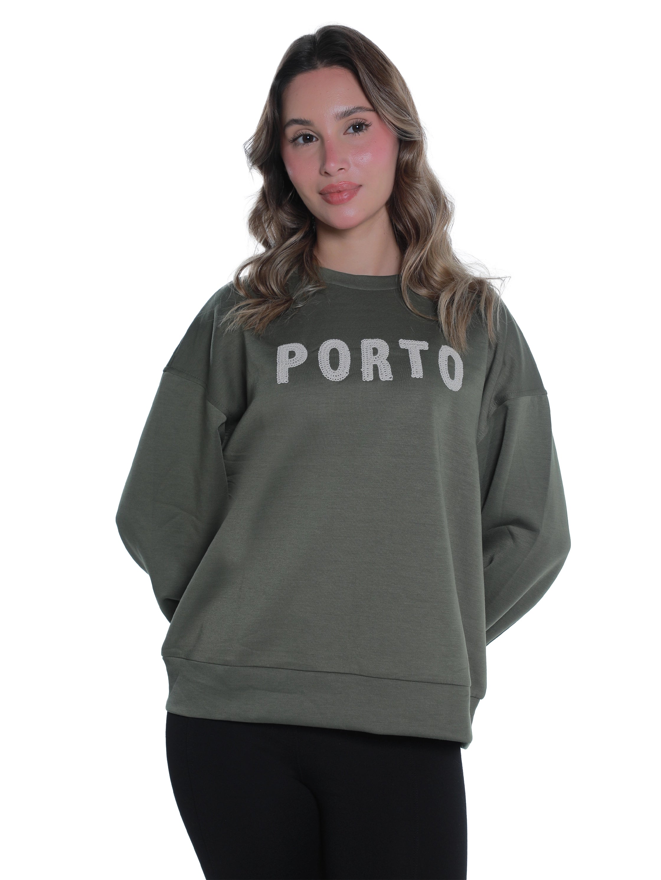 Round Neck Olive Sweater With "Porto" Front Design