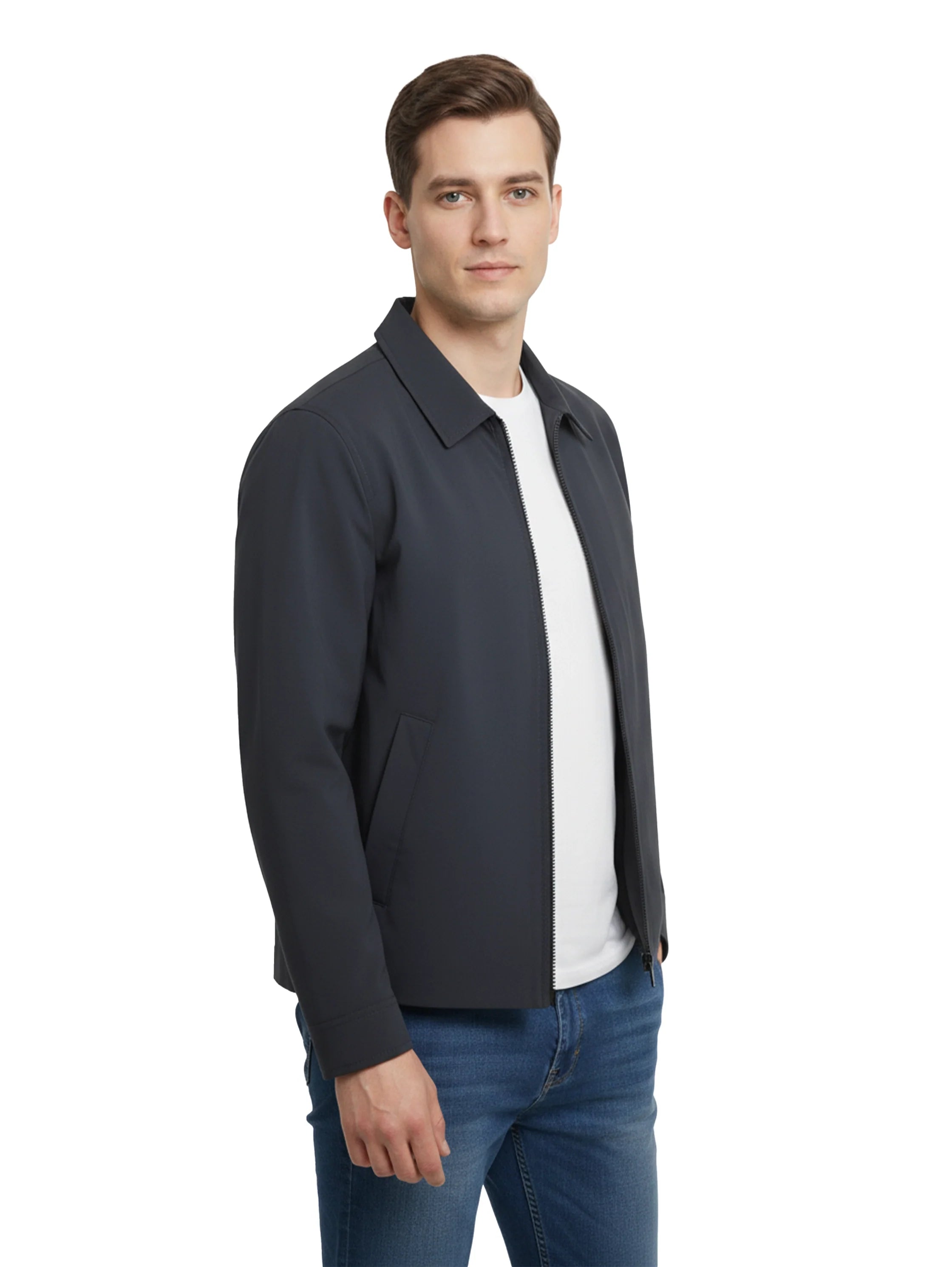 Navy Casual Zippered Jacket With Collar