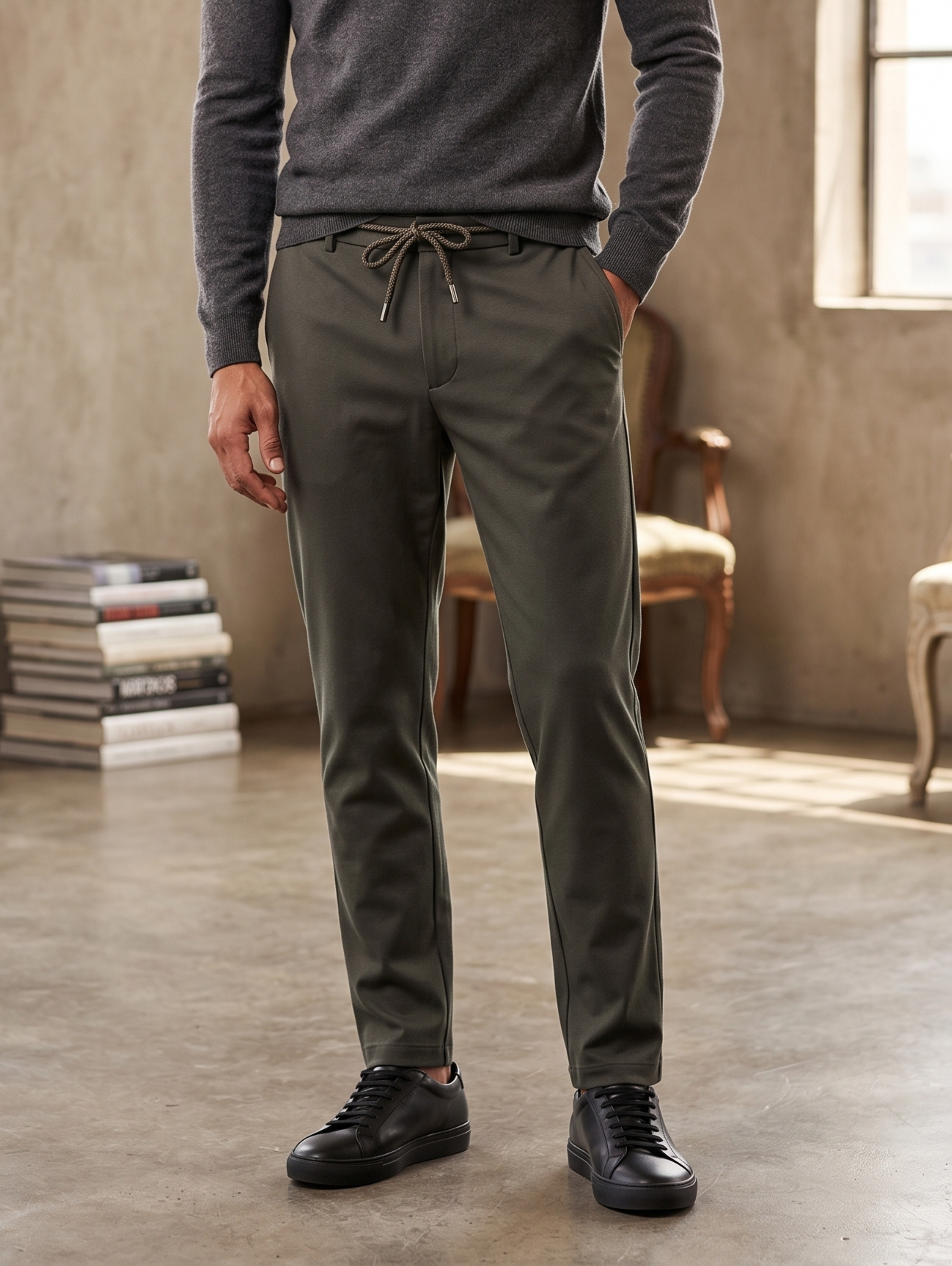 Dark Green Slim Straight Elastic Back Drawstring Pants