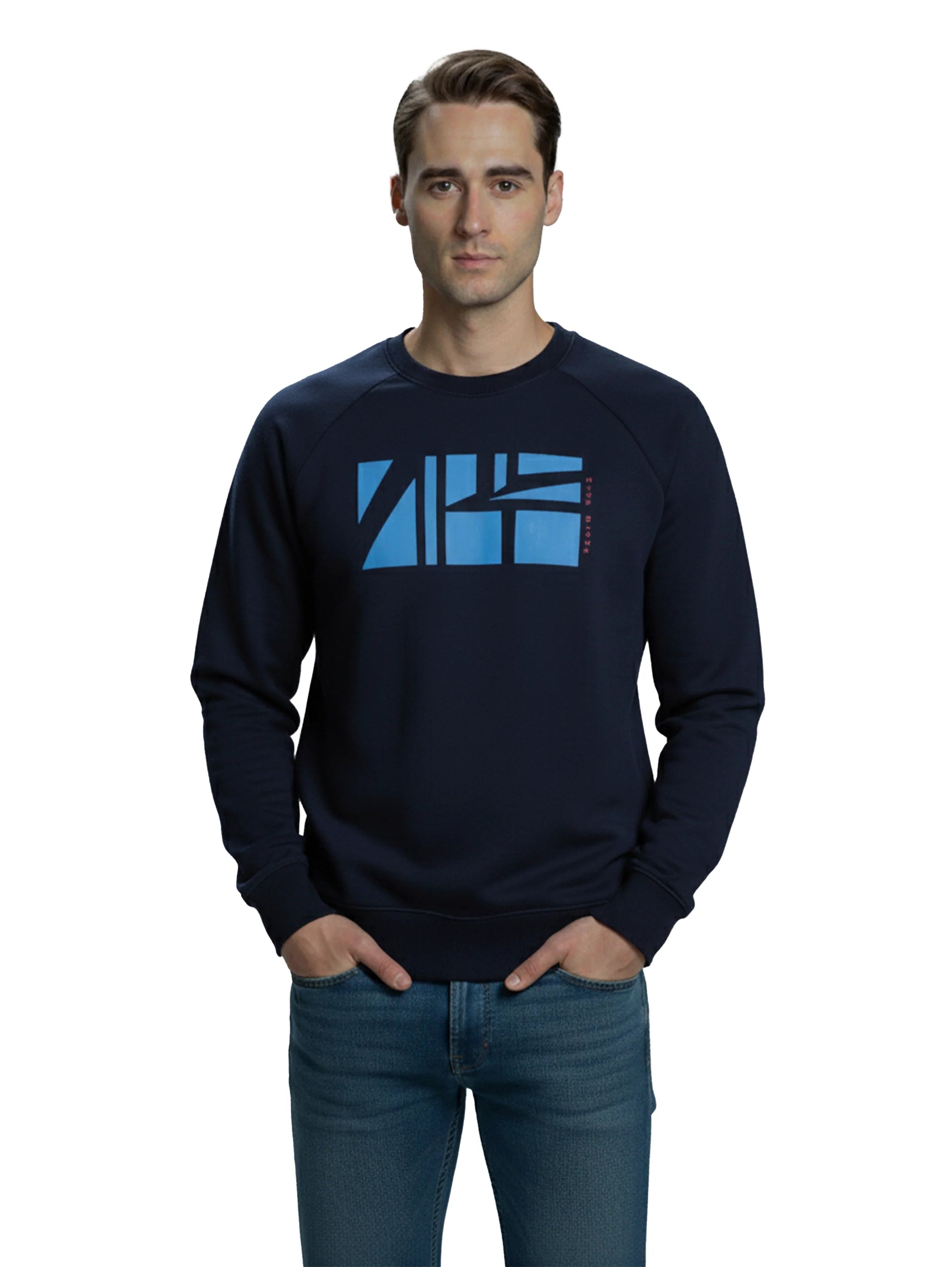 Long Sleeved Cotton Navy Sweater With Front Design