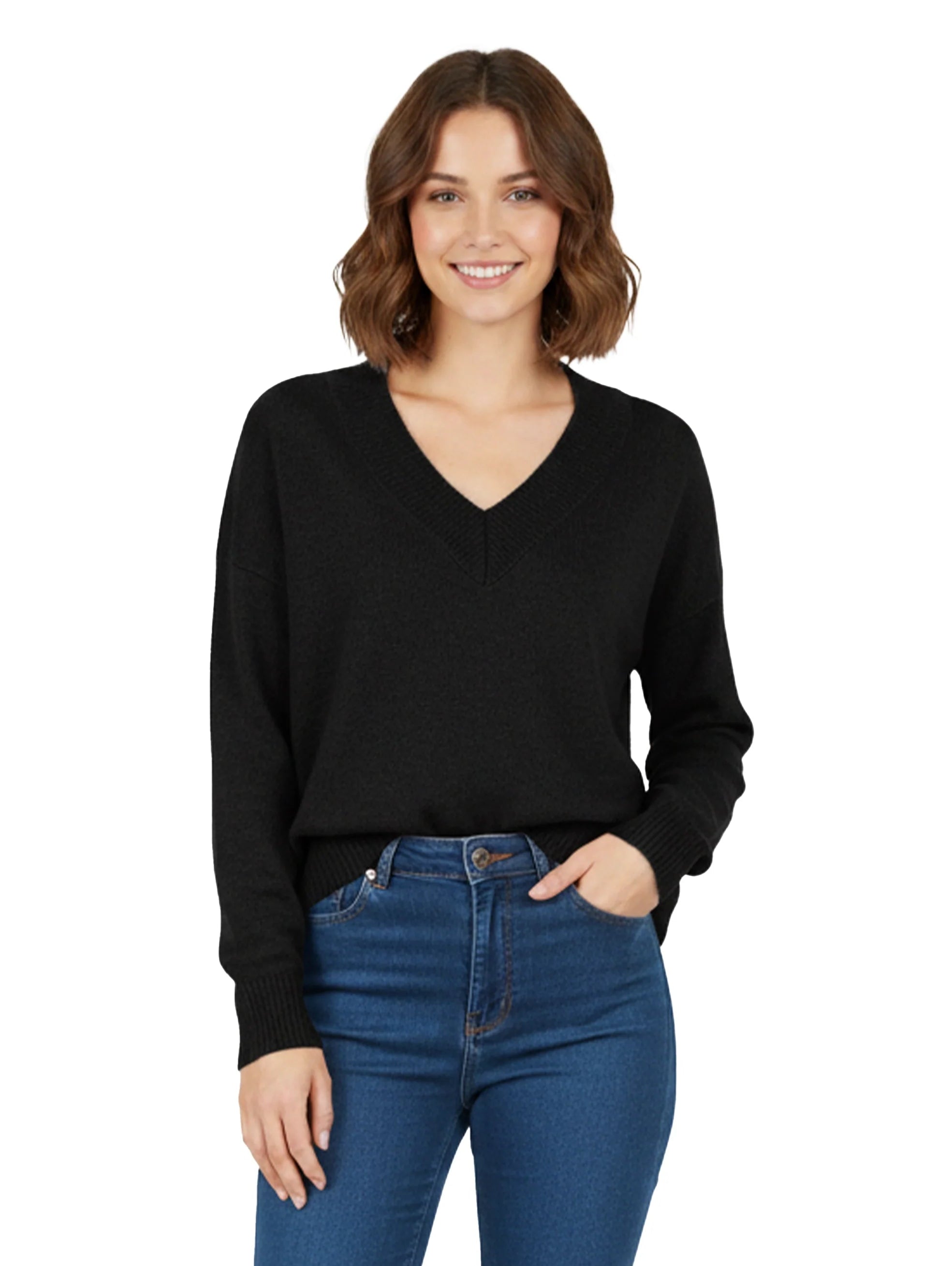Long Sleeved Black Pullover With V- Neck Collar