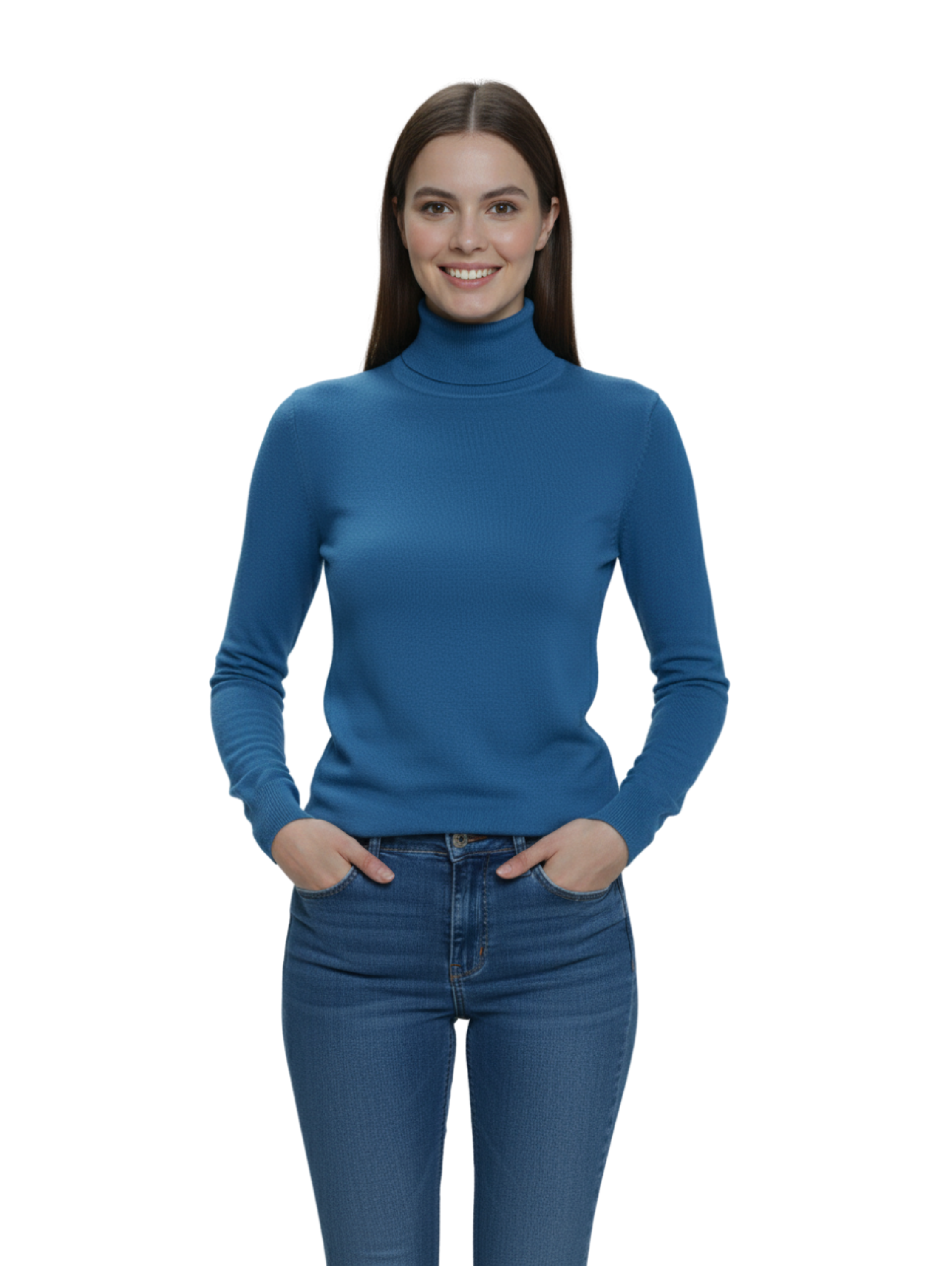 Blue Ribbed High Neck Sweater