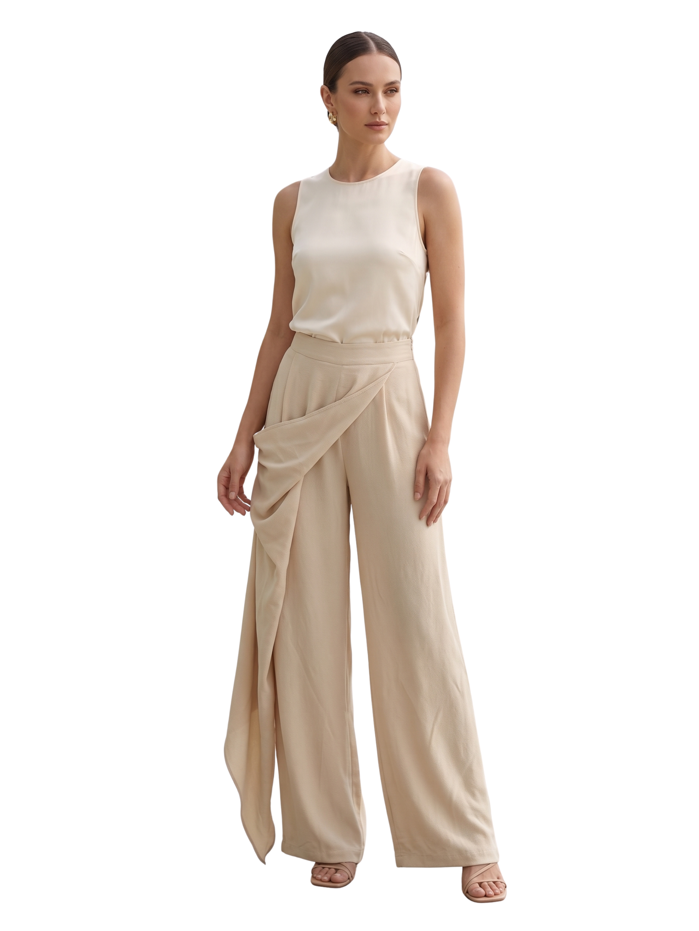 Beige Flowy Draped Side Skirt Linen Wide Leg Pants