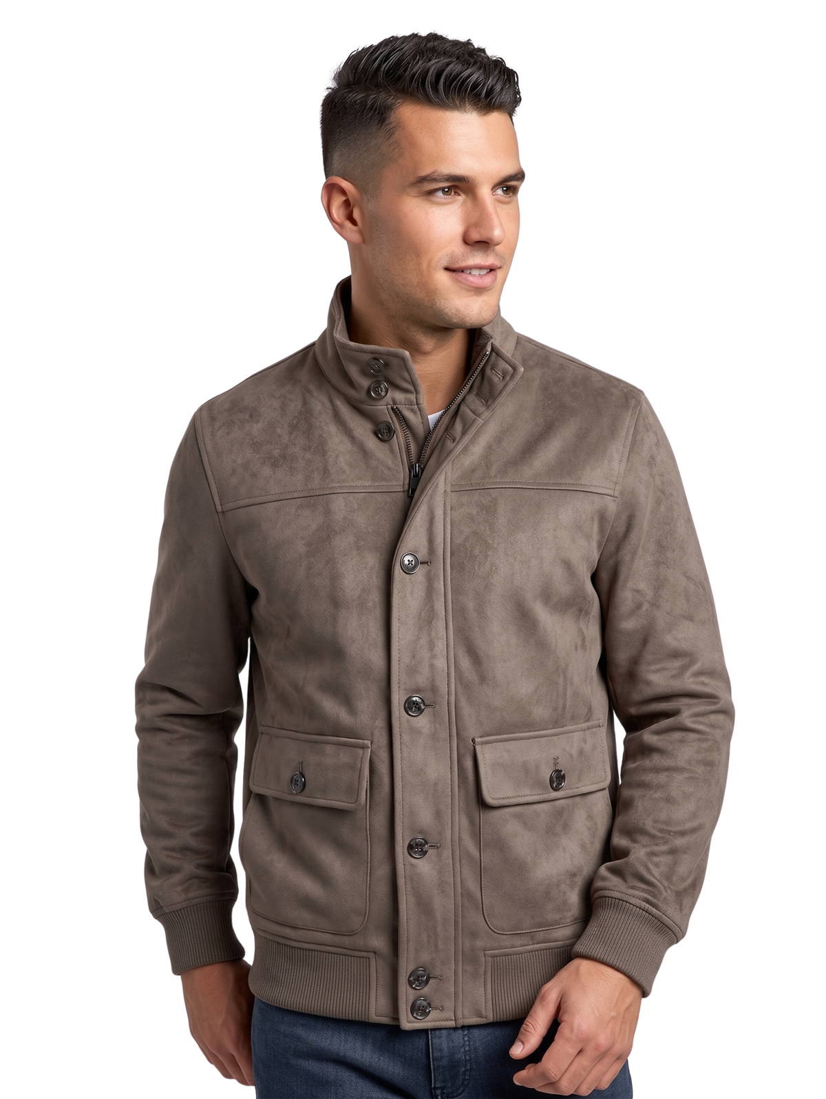 Brown Faux Suede Stand Collar Bomber