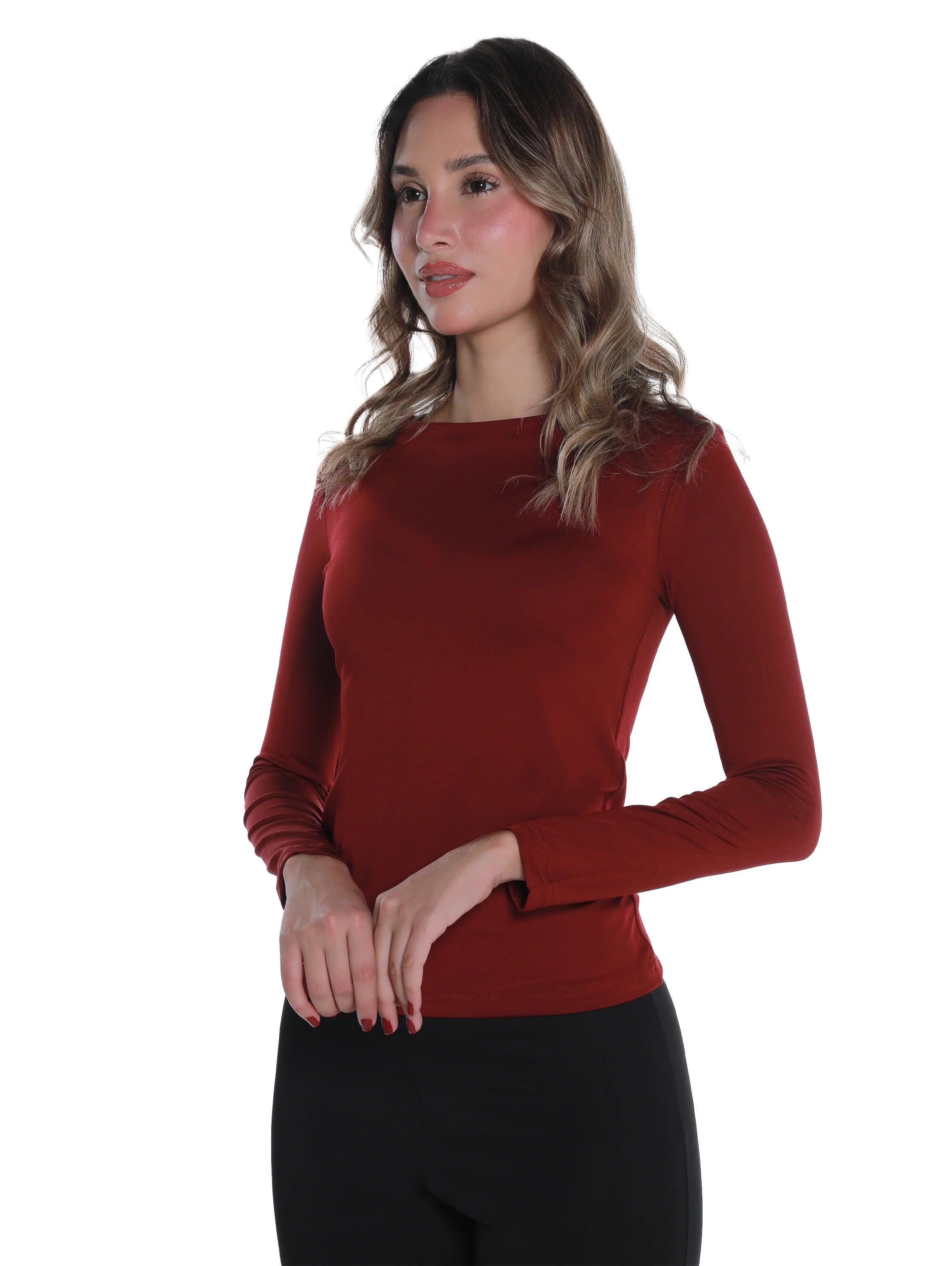Long Sleeved Wine Basic Top Round Neck