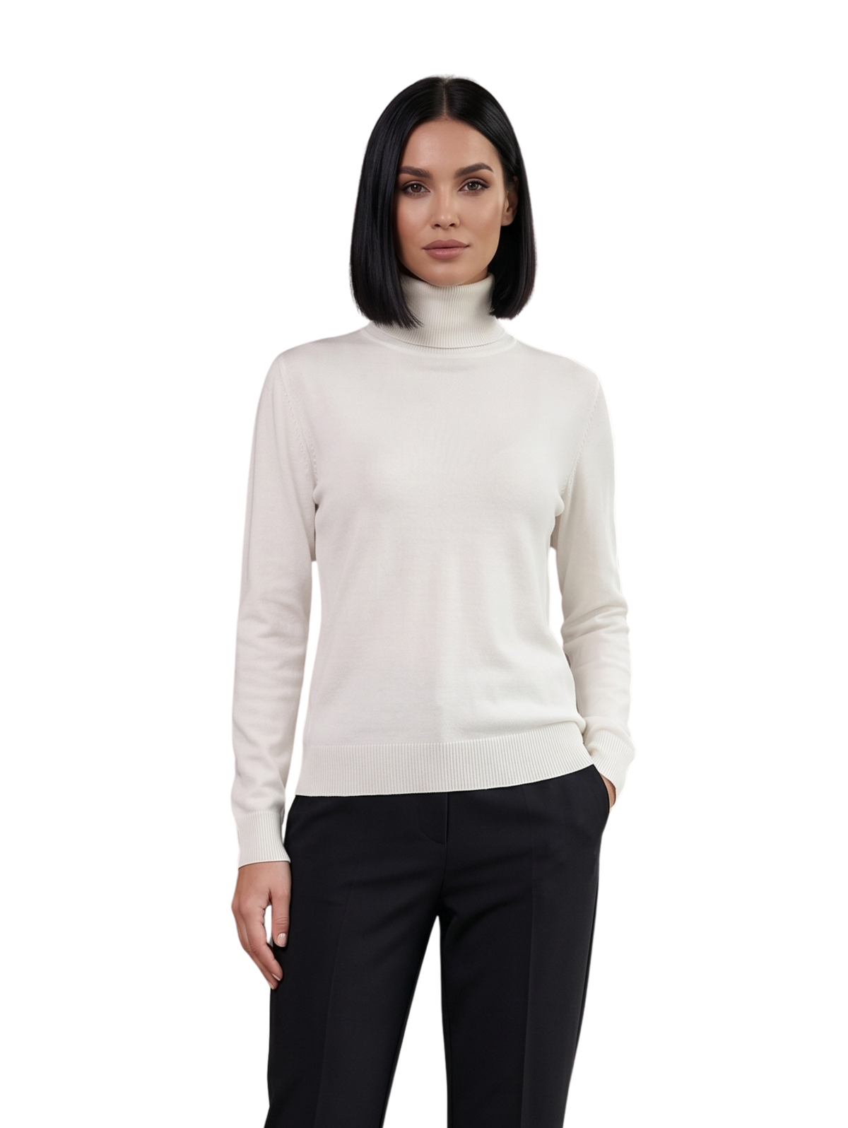 White Basic Turtleneck Ribbed Knit Pullover