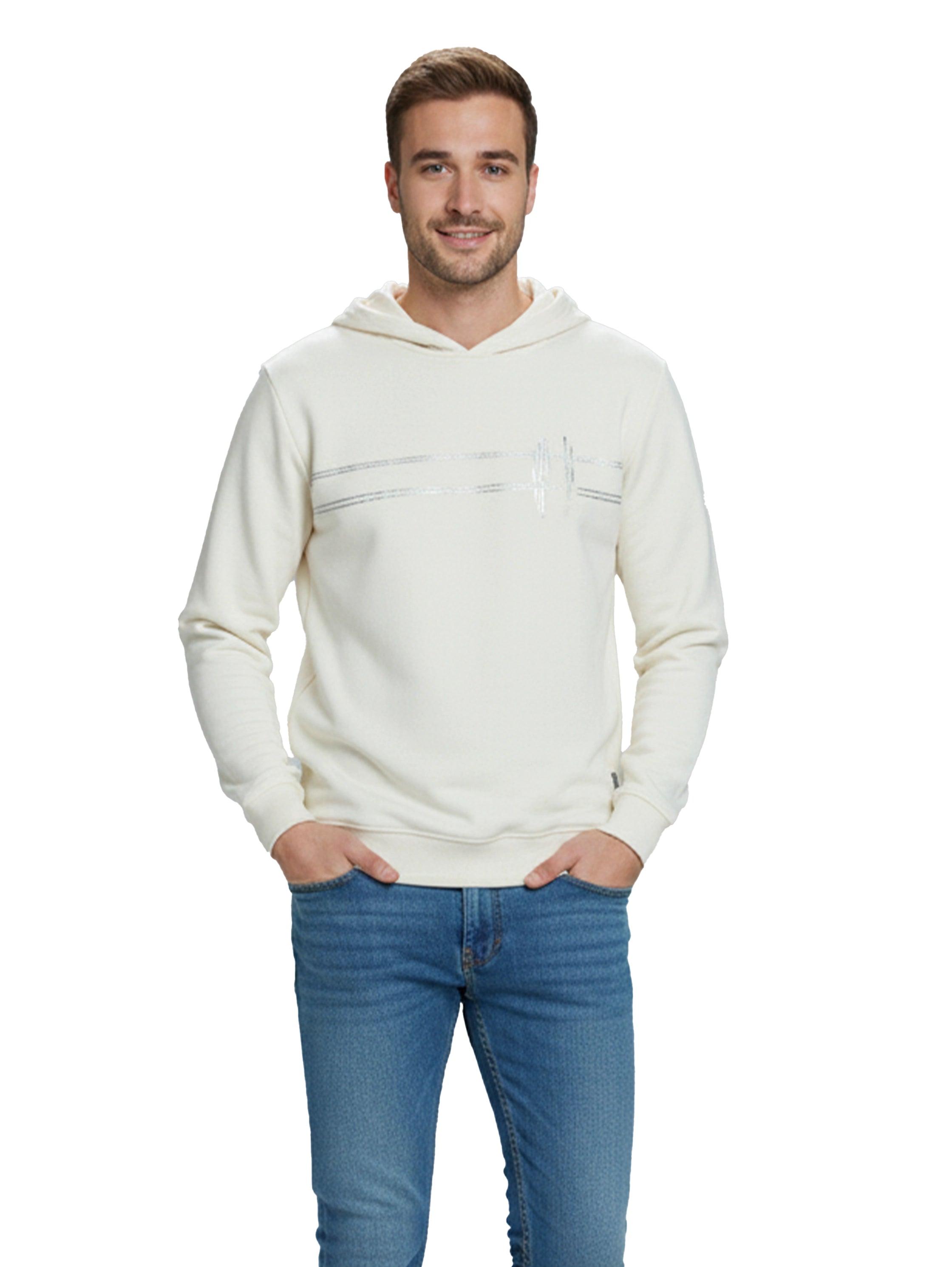 Cotton Offwhite Hoodie With Front Stripe Design