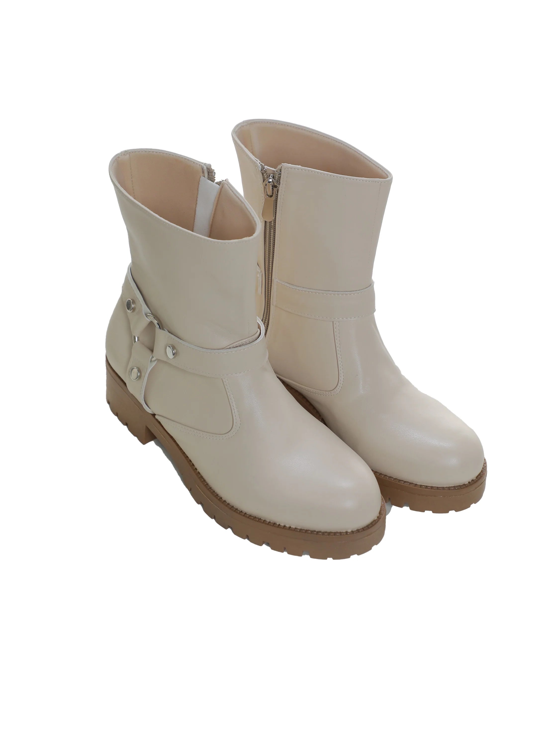 Beige Lace-Up Ankle Boot With Side Zipper