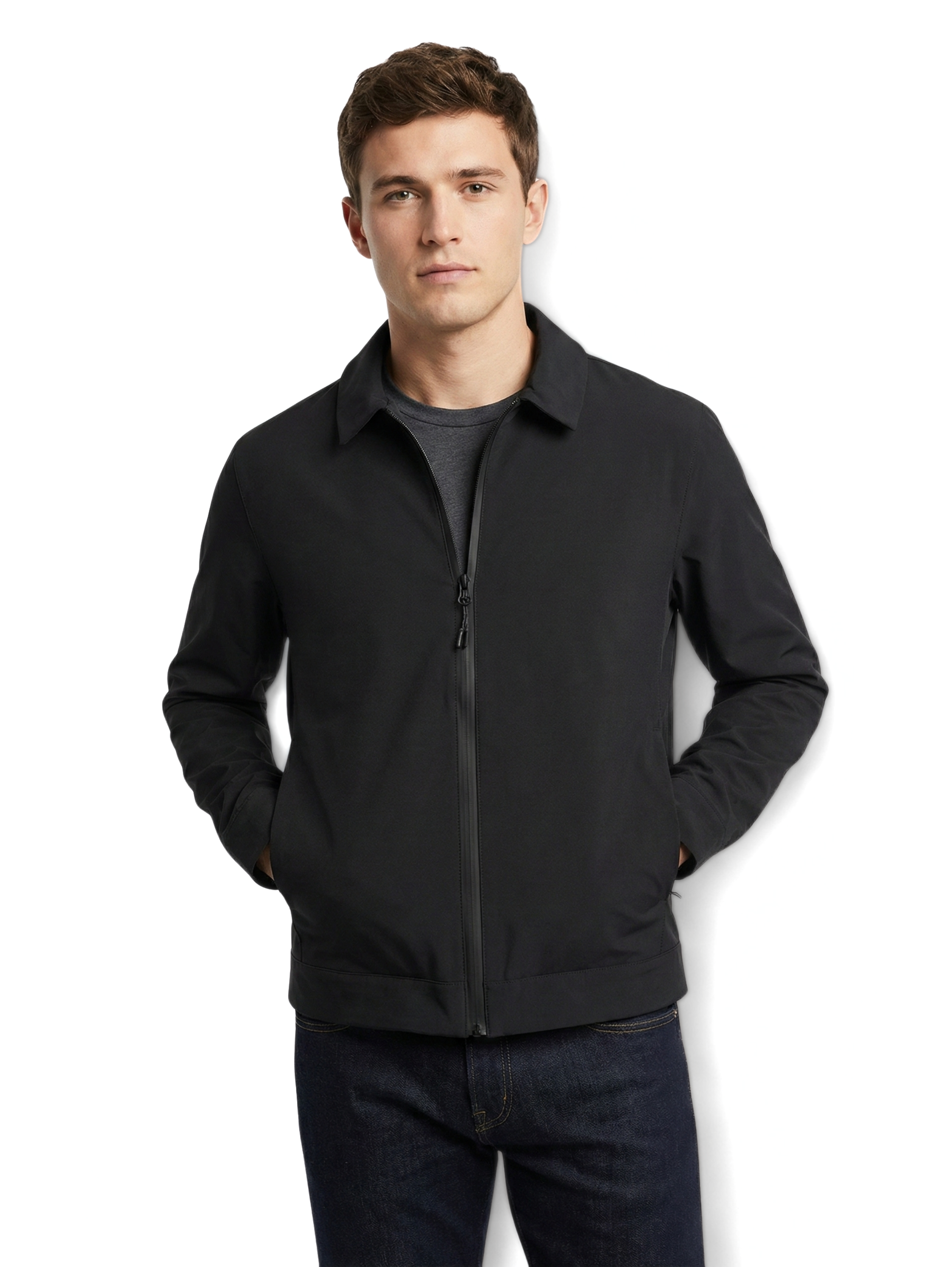 Long Sleeve Black Zippered Jacket With Collar