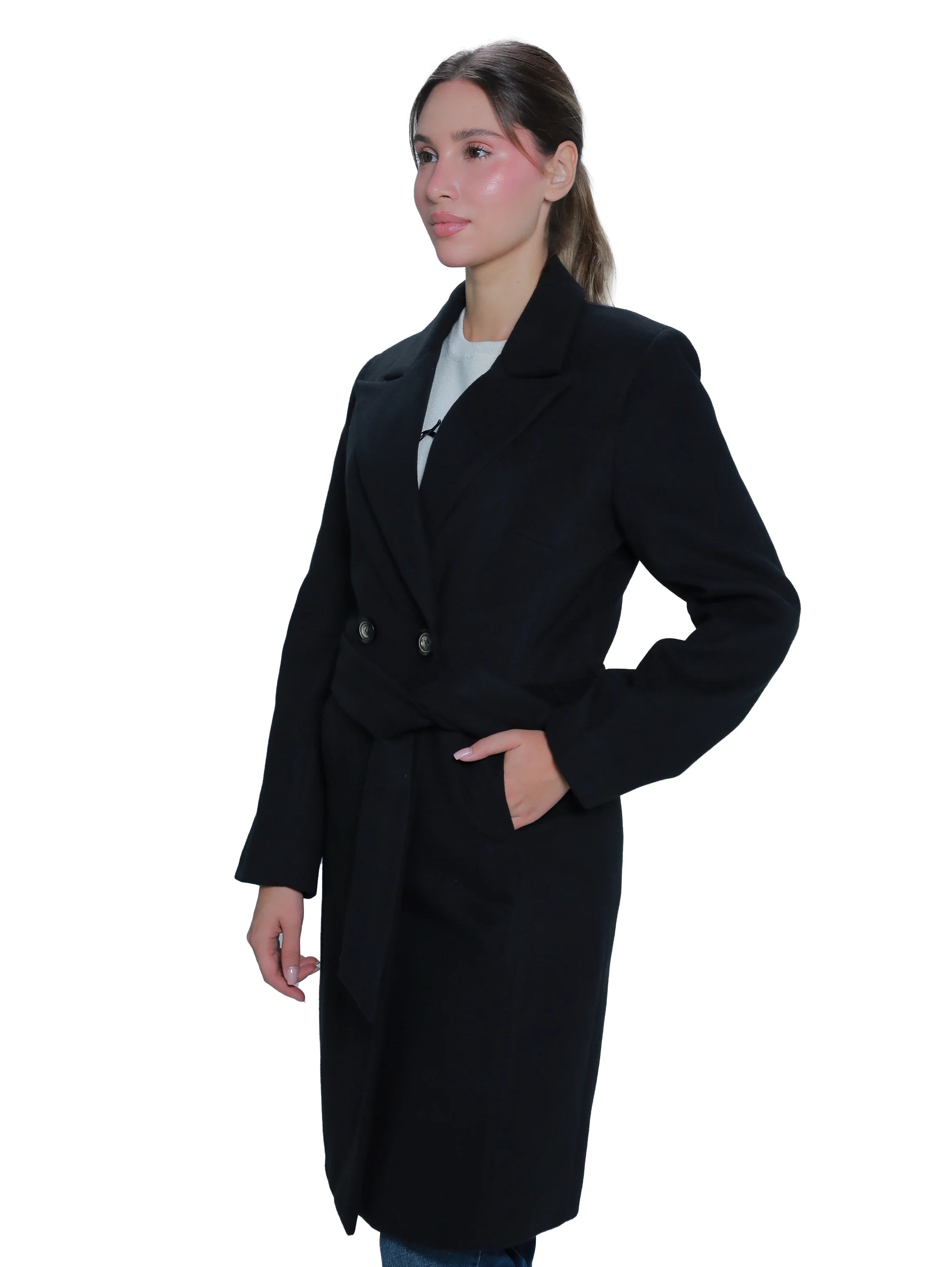 Black Belted Coat With Slanted Side Pocket