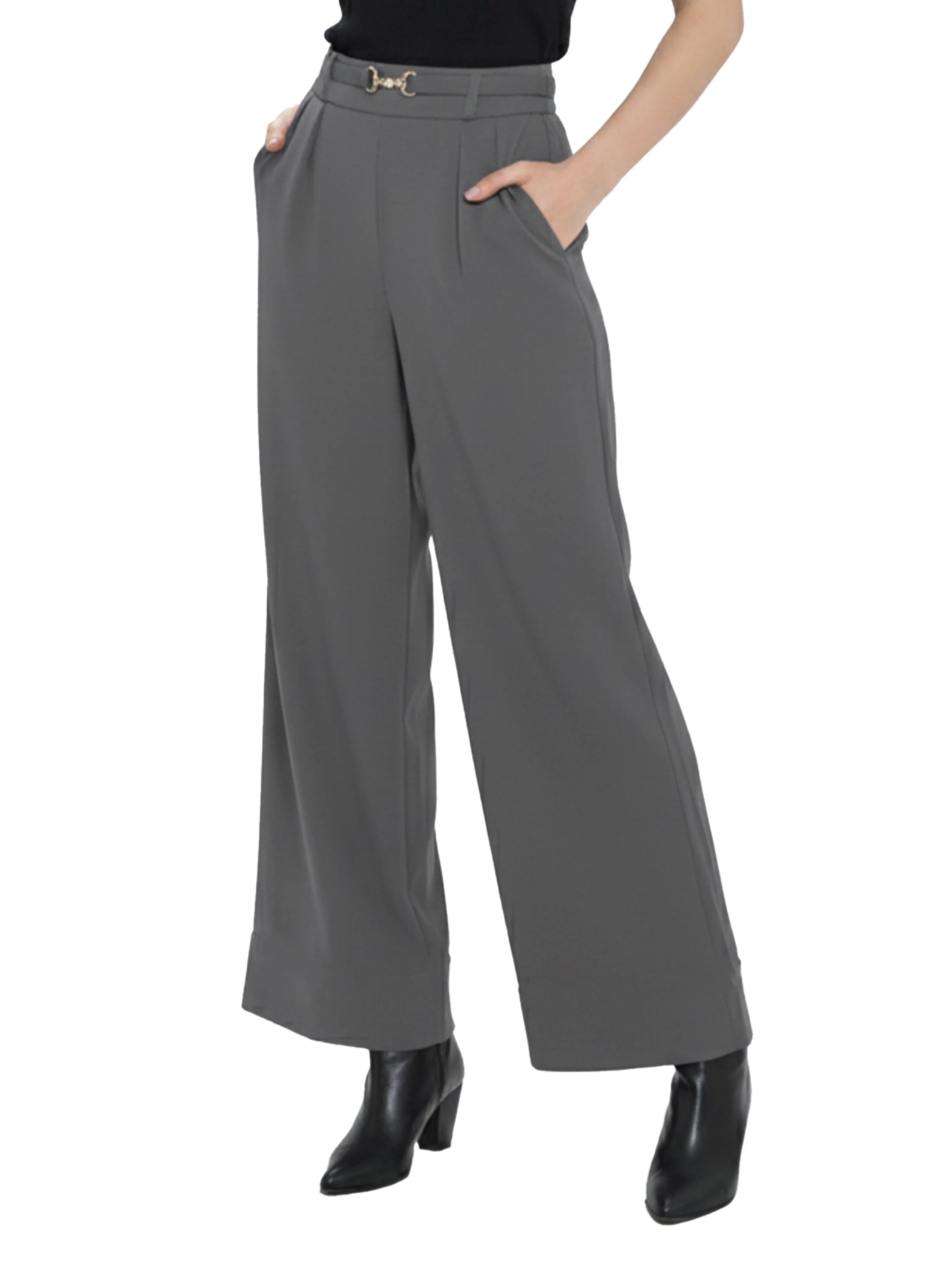 Grey Wide Leg Classy Pant With Side Pockets