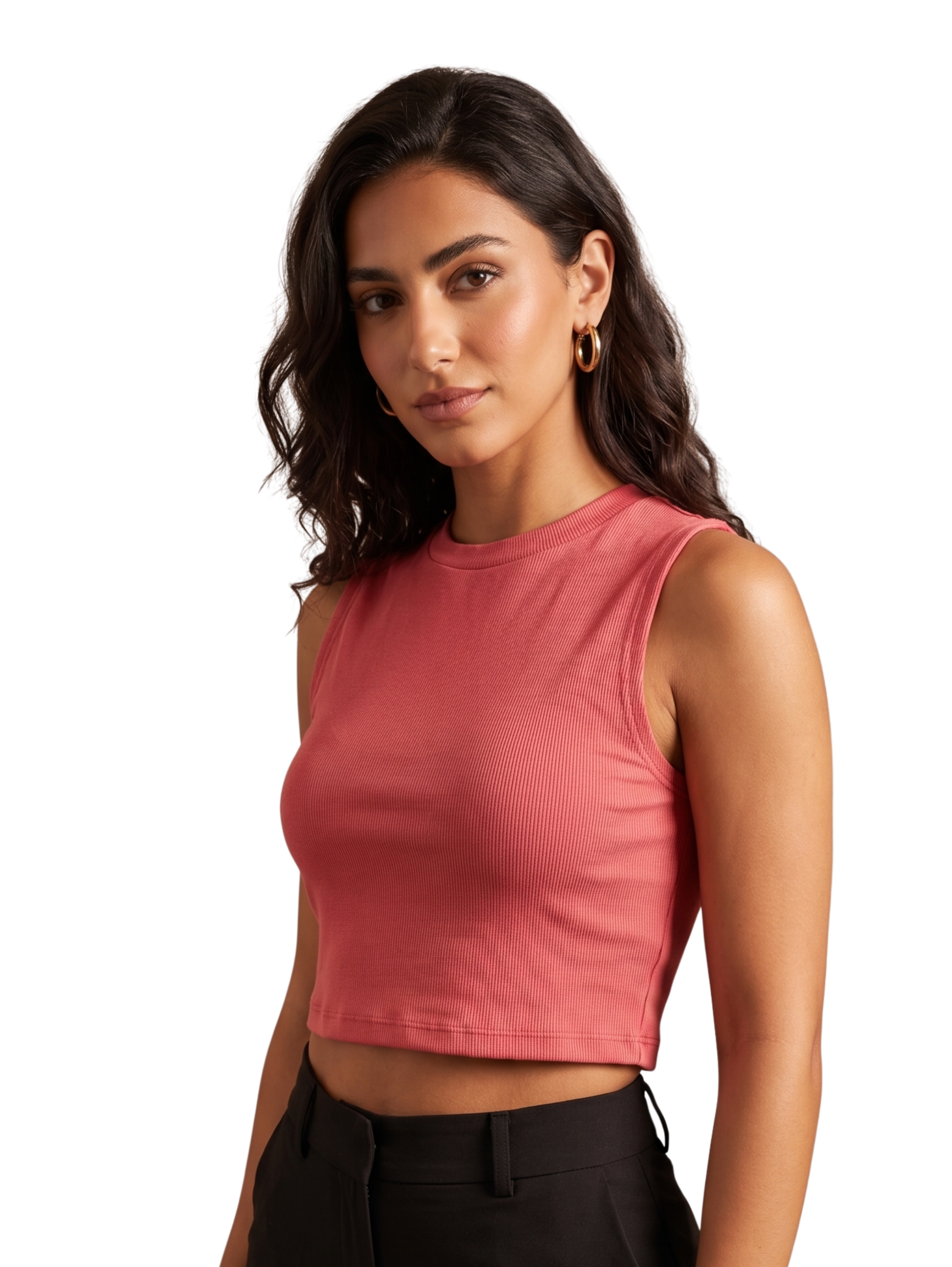 Coral Sleeveless Crop Top With Round Neckline