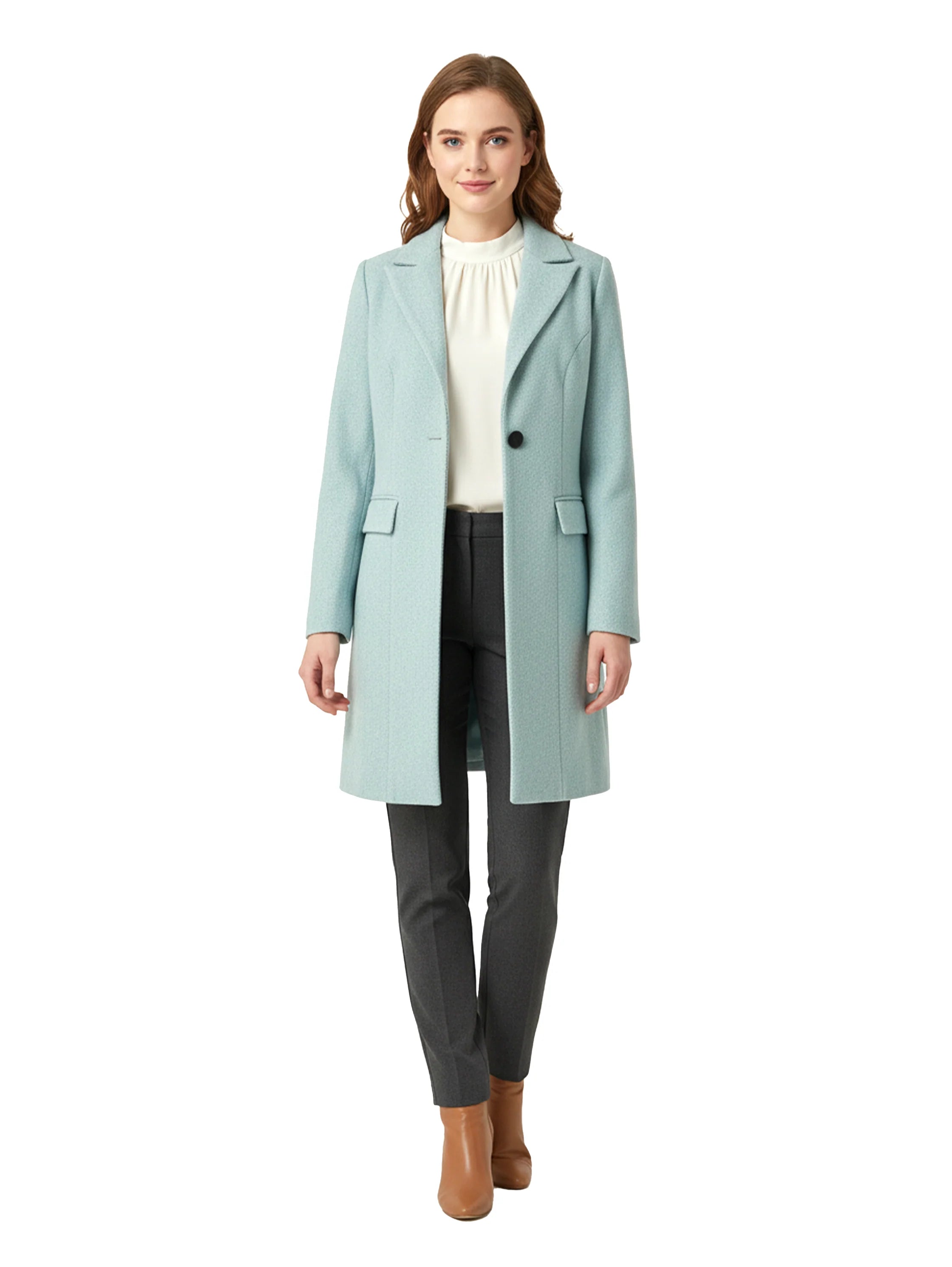 Long Light Green Coat With One Button To Close