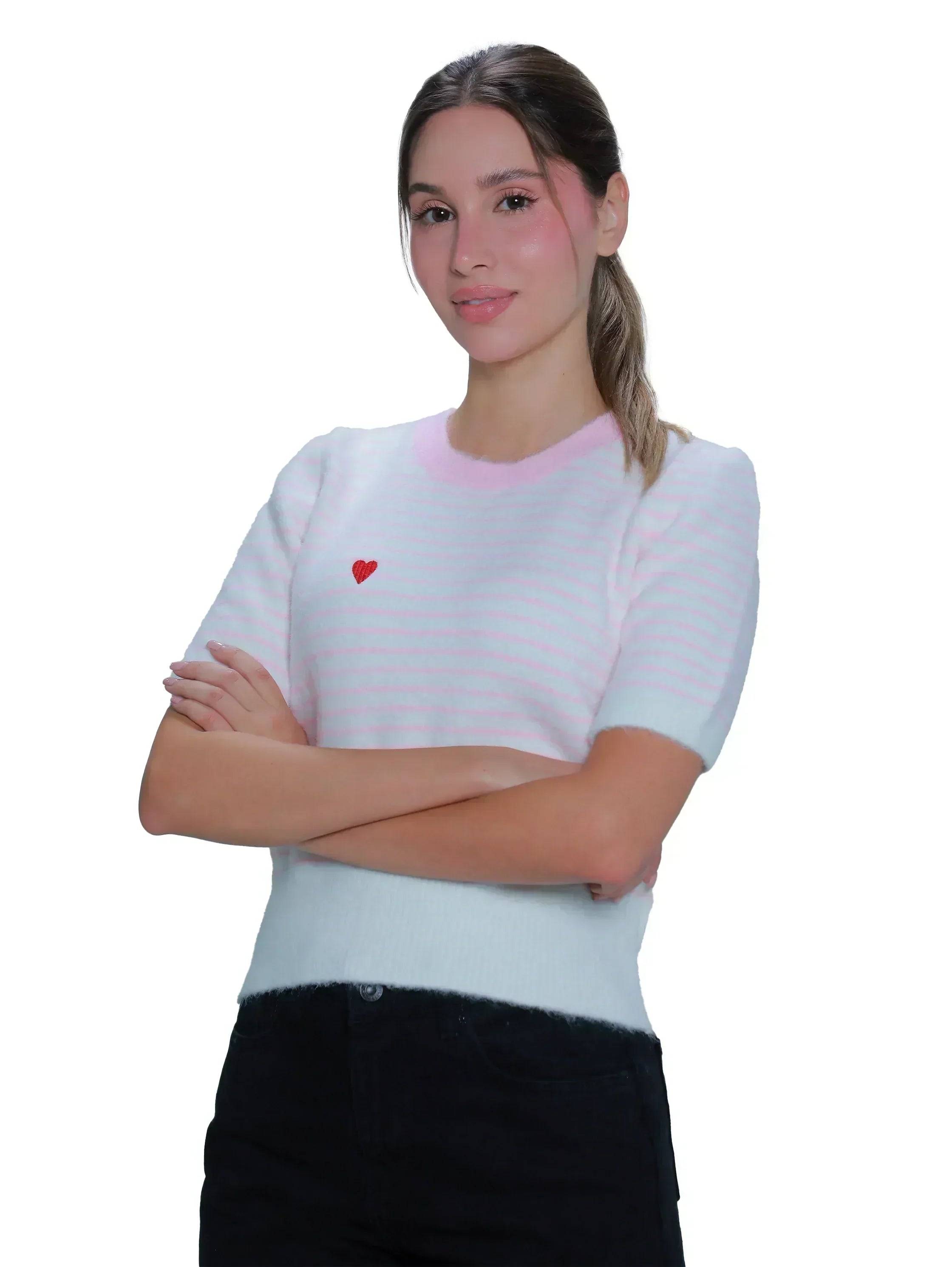 Short Sleeve Pink Stripe Sweater With Heart Design