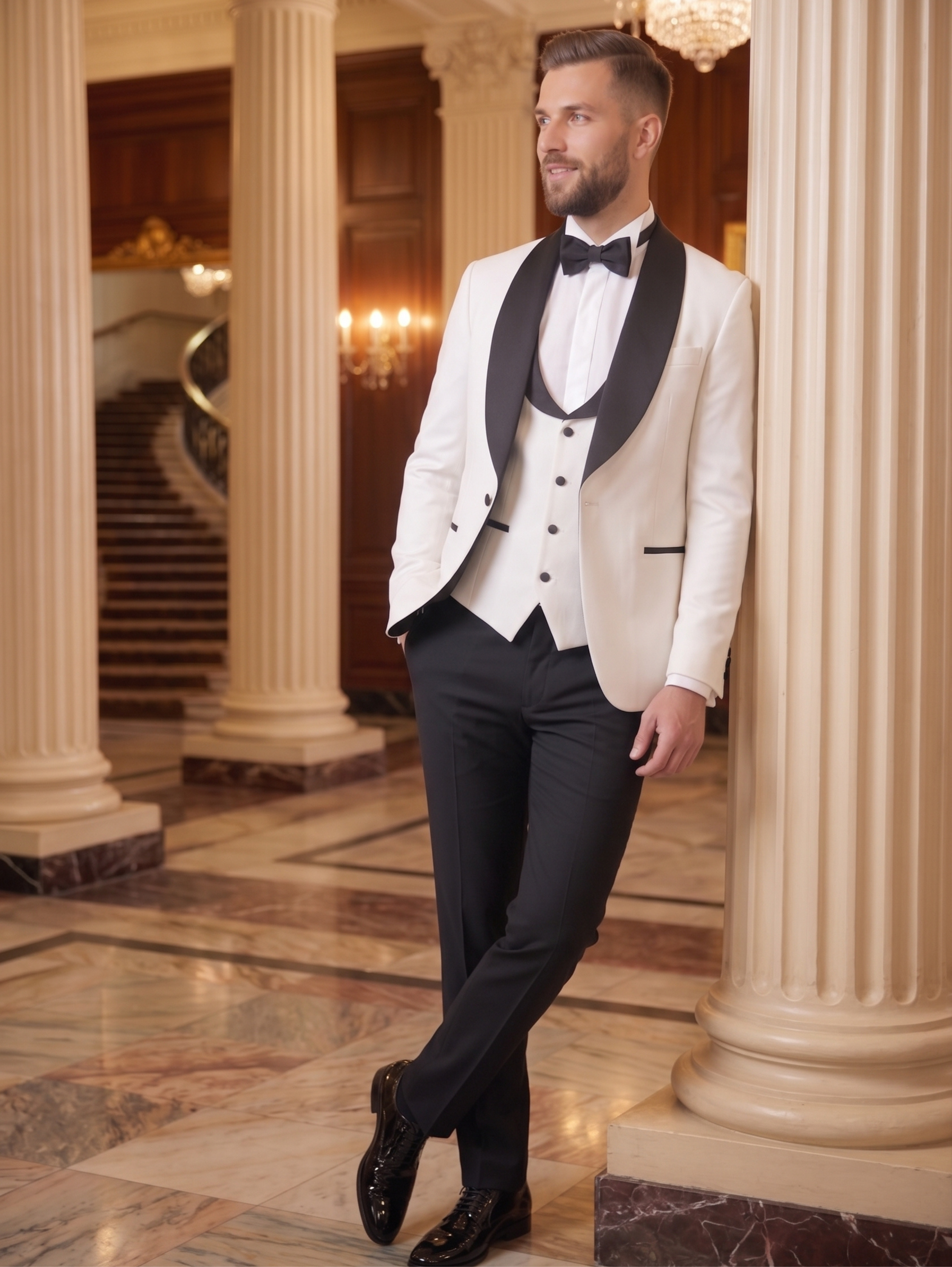 Classic White & Black Three Piece Tuxedo Suit