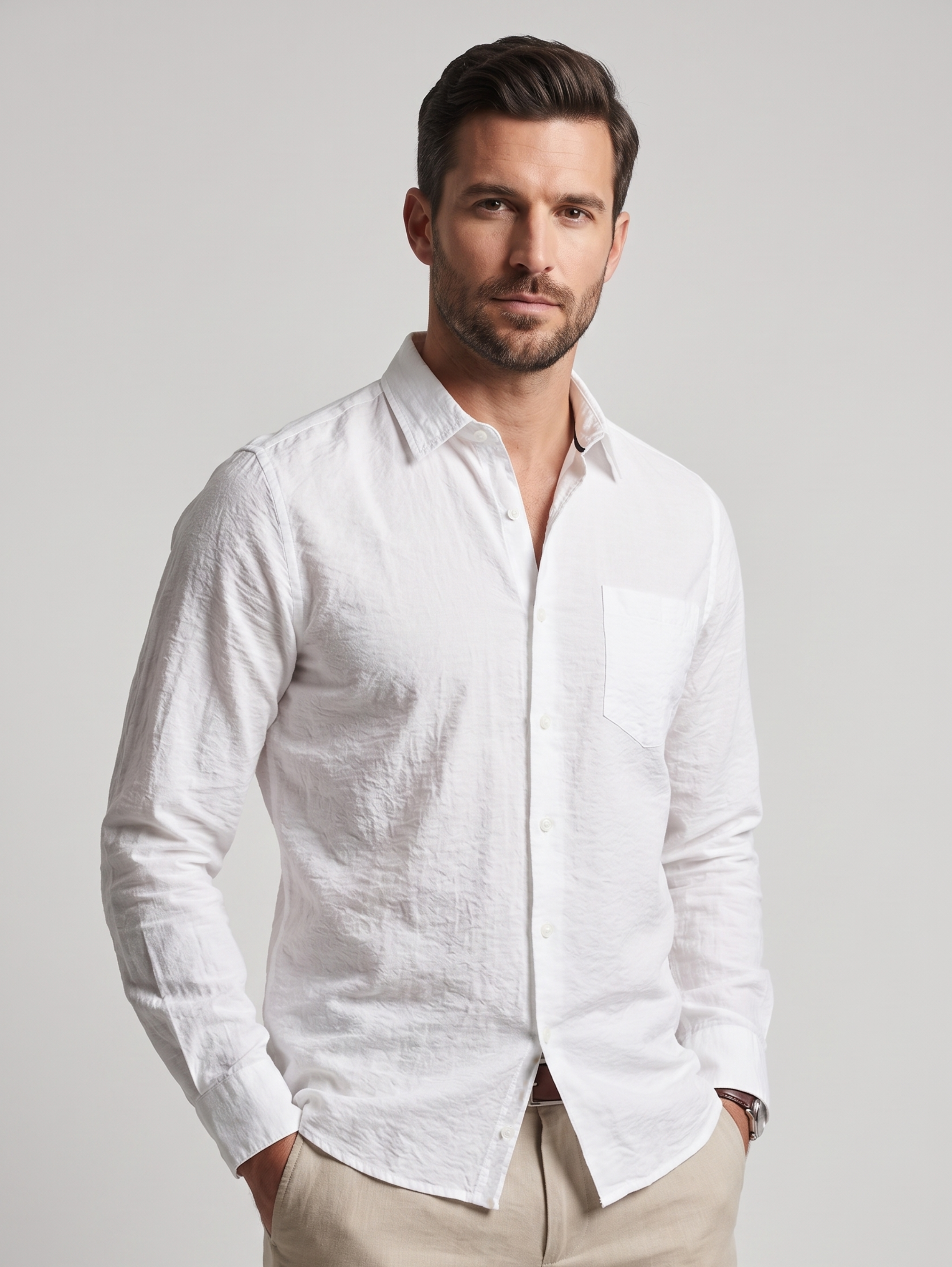 White Long Sleeved Linen Shirt With Chest Pocket