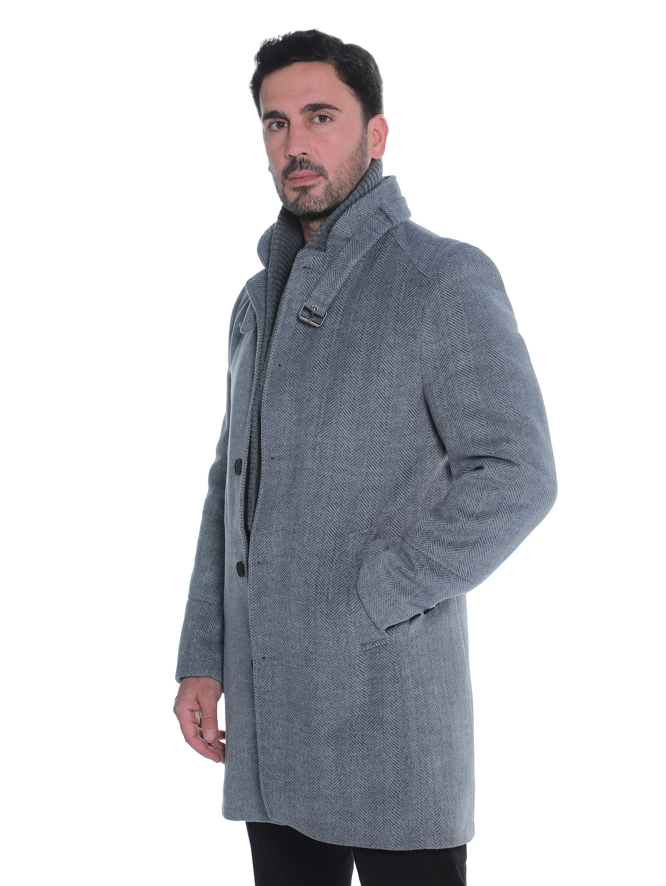 Grey Buttoned Coat With Side Slanted Pockets