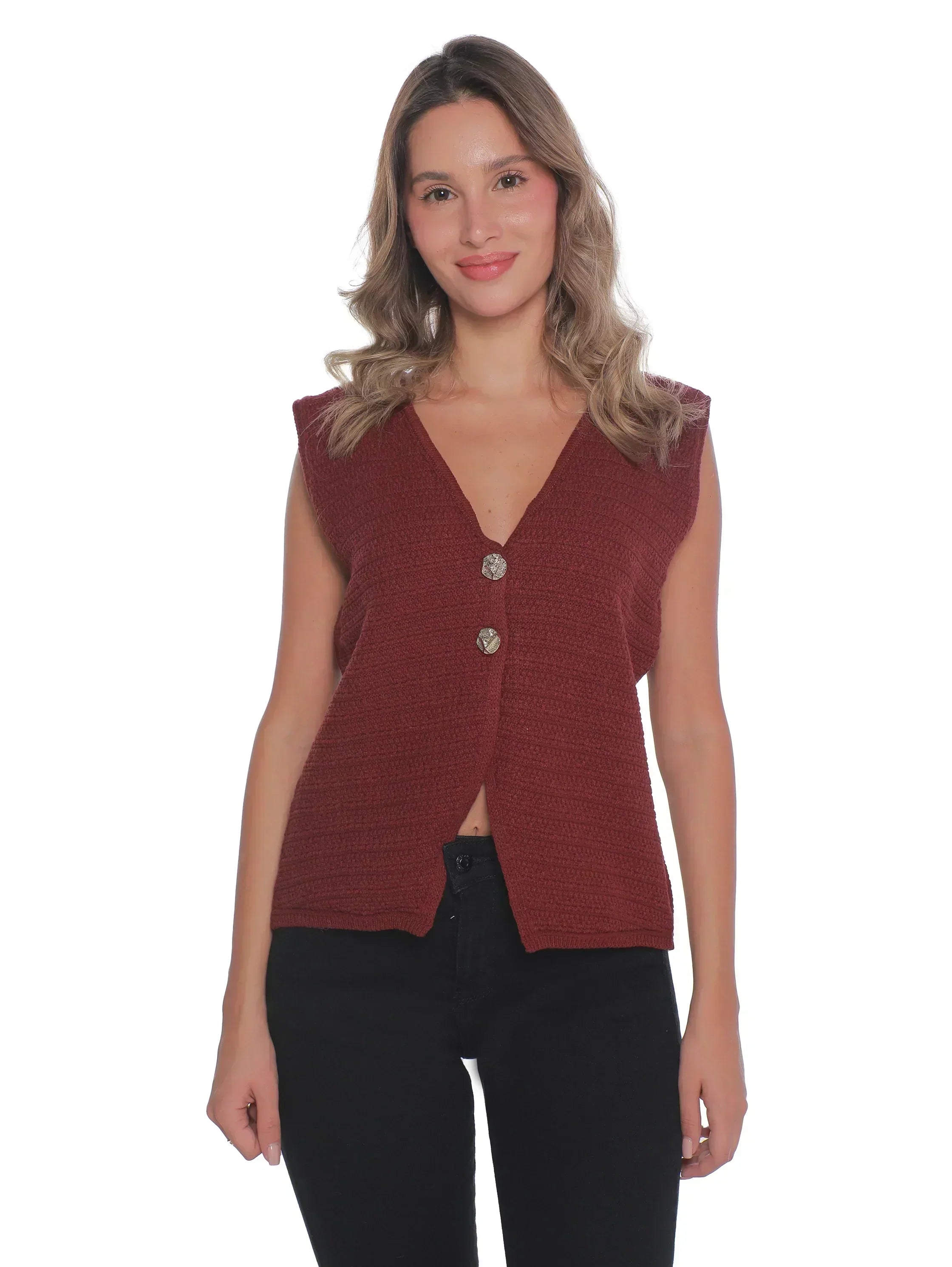 Embroidery Bordo Vest With Two Button To Close