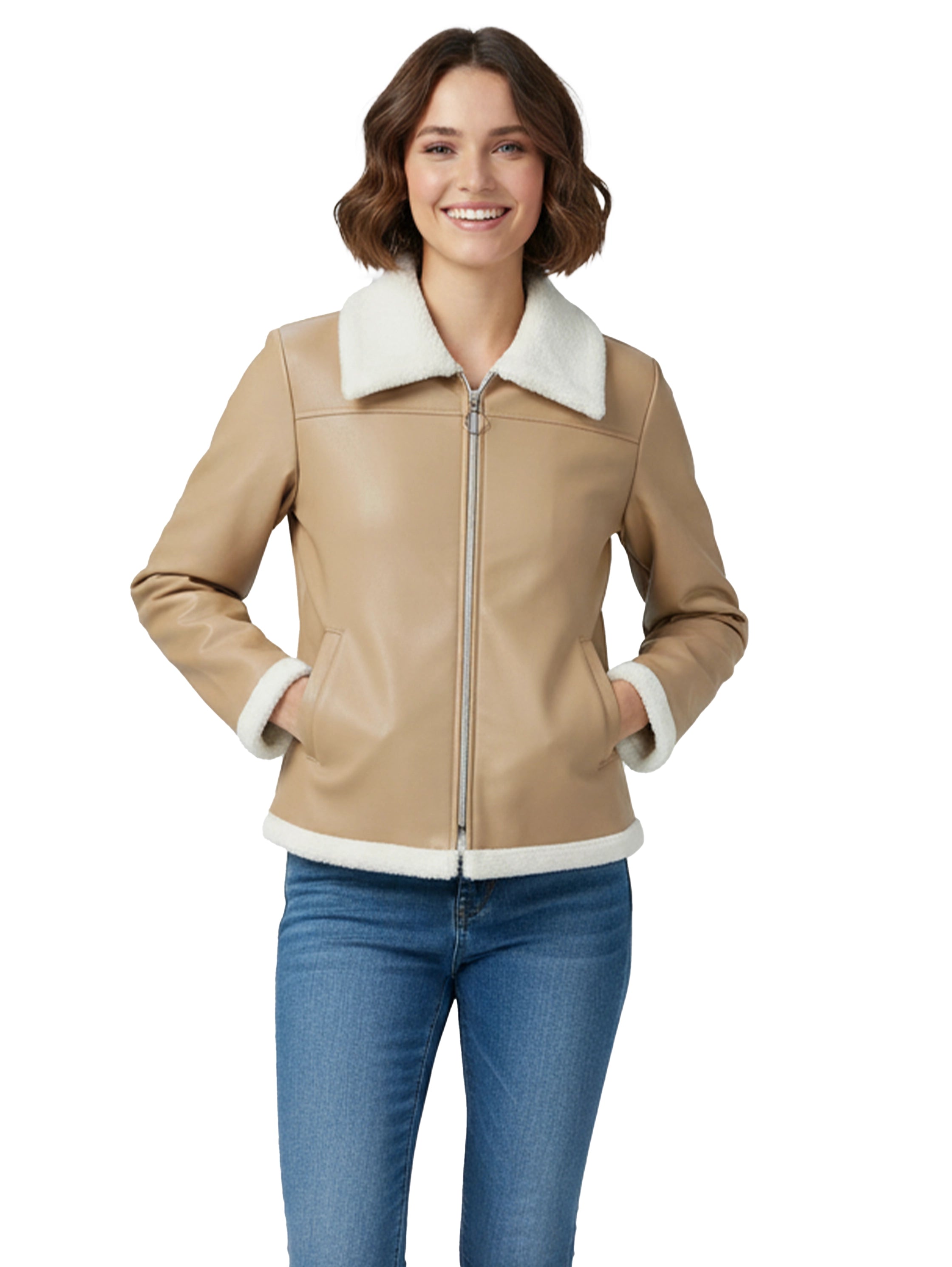 Dark Beige Leather Jacket With Fure Design