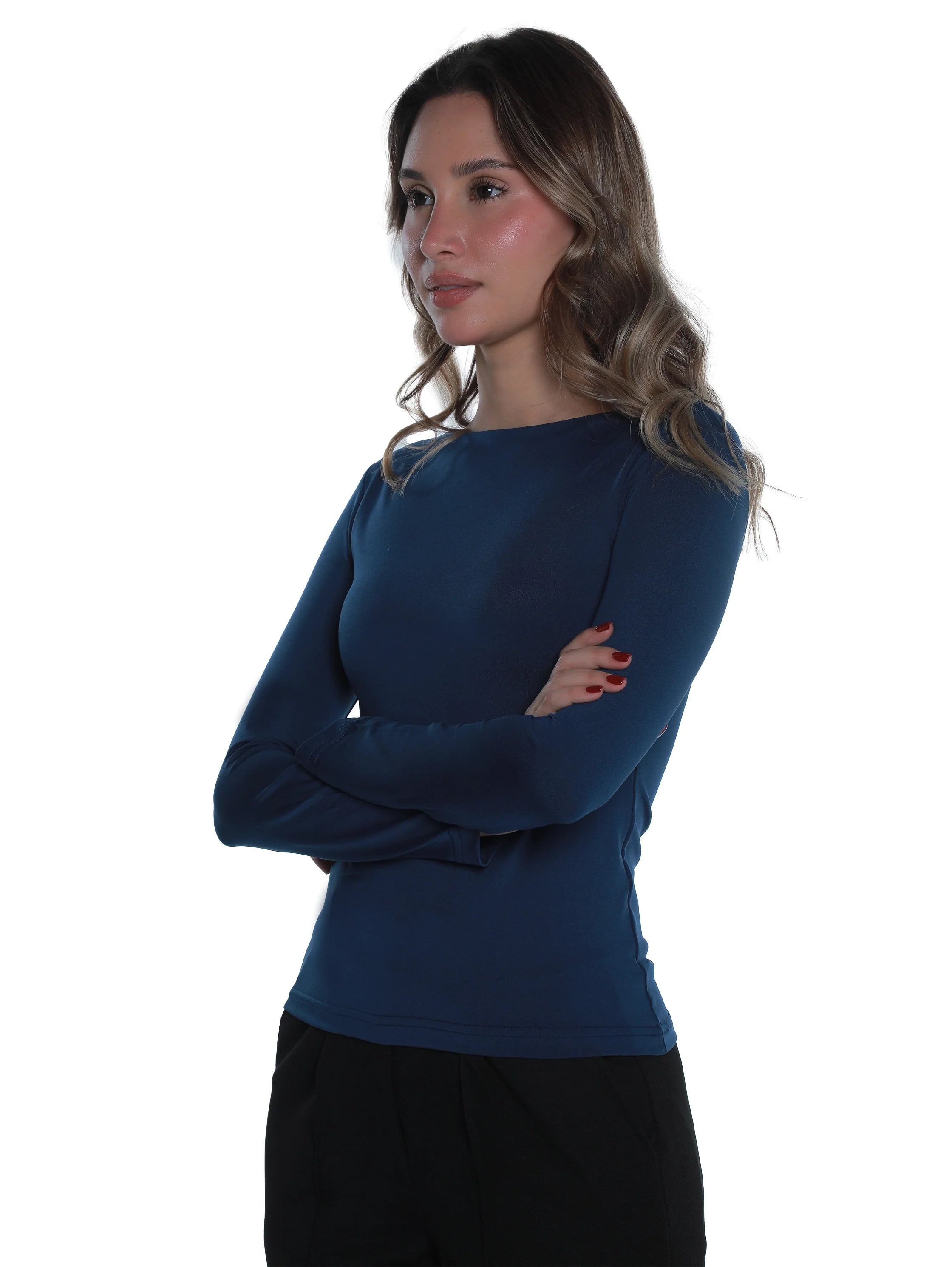 Long Sleeved Indigo Basic Top Round Neck