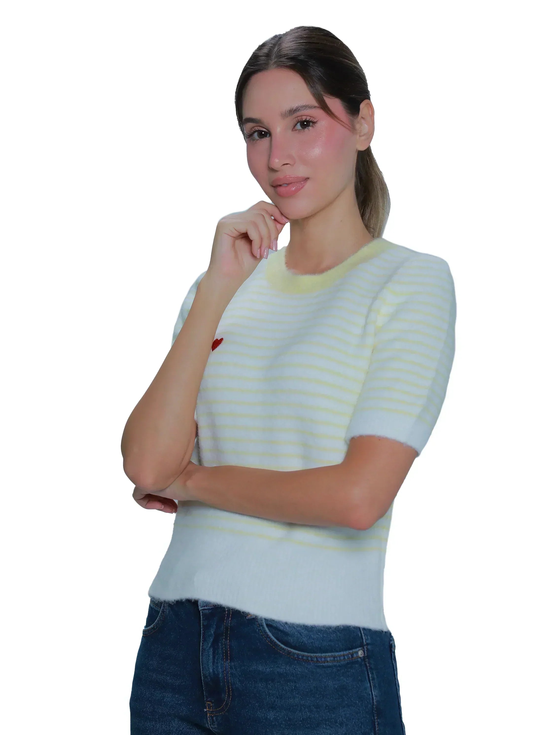 Short Sleeve Yellow Stripe Sweater With Heart Design