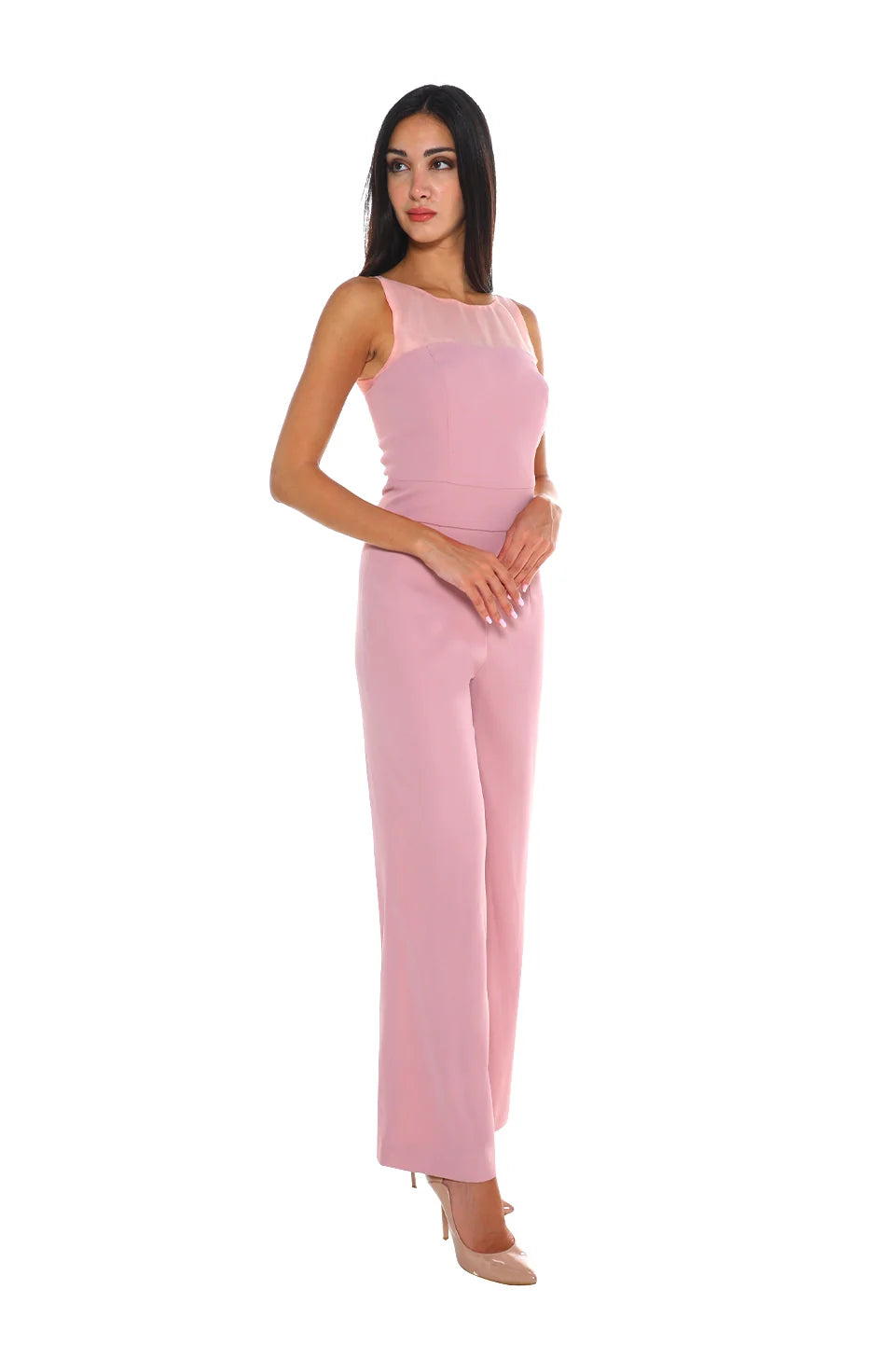 Sleek Pink Jumpsuit With Neckline Soft Chiffon