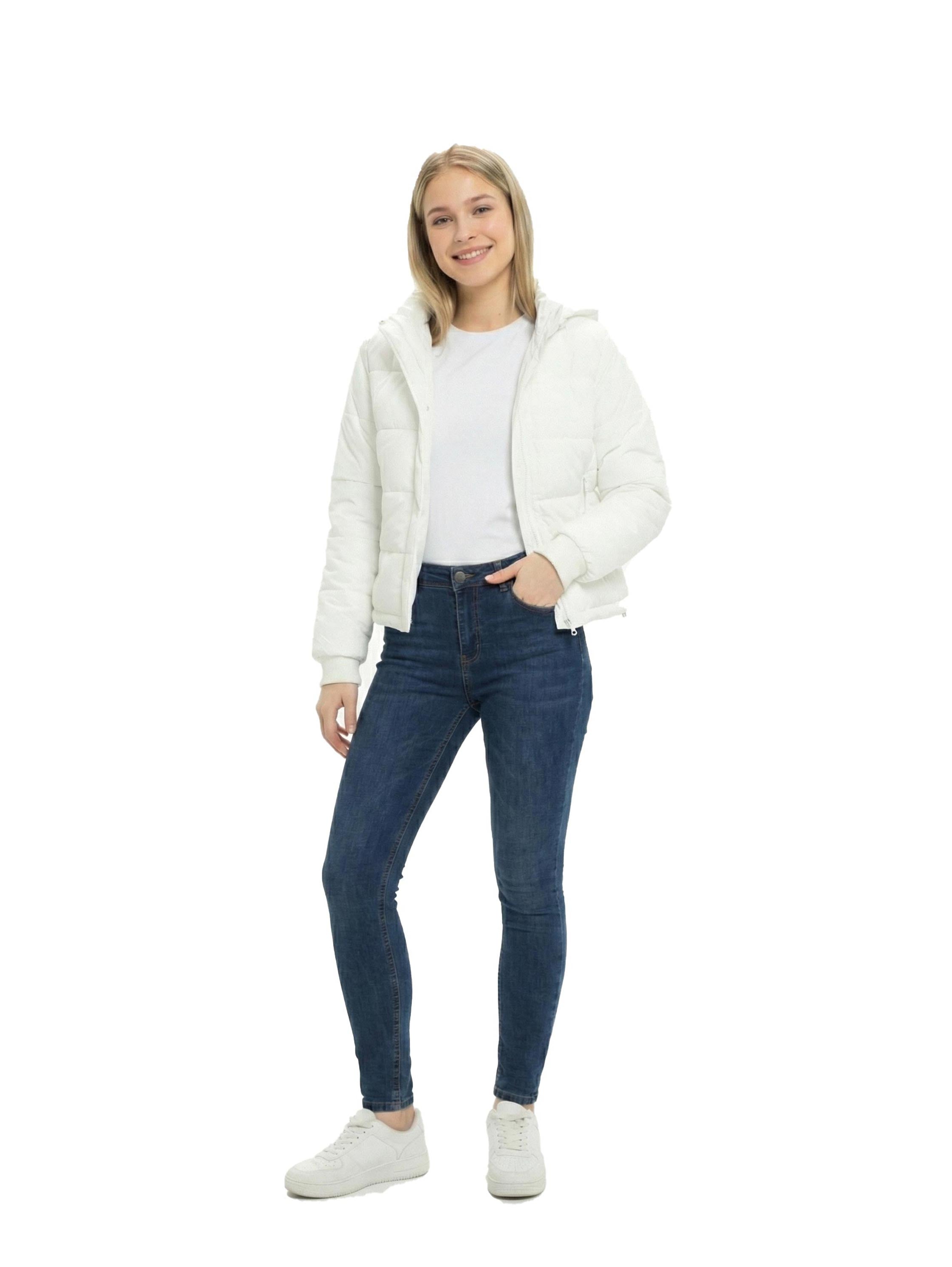 White Padded Puffer Jacket With Stand up Collar & Hoodie