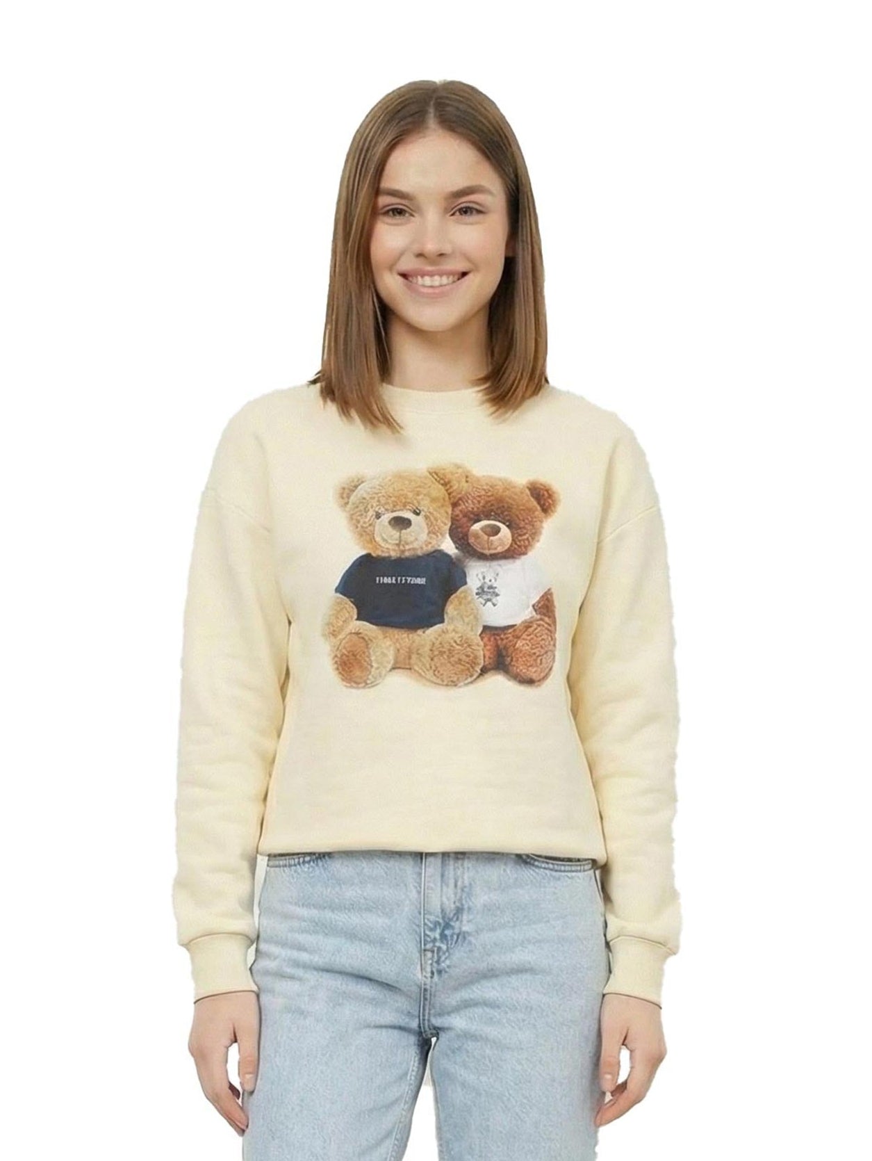 Long Sleeved Light Beige Sweater With Bear Front Design