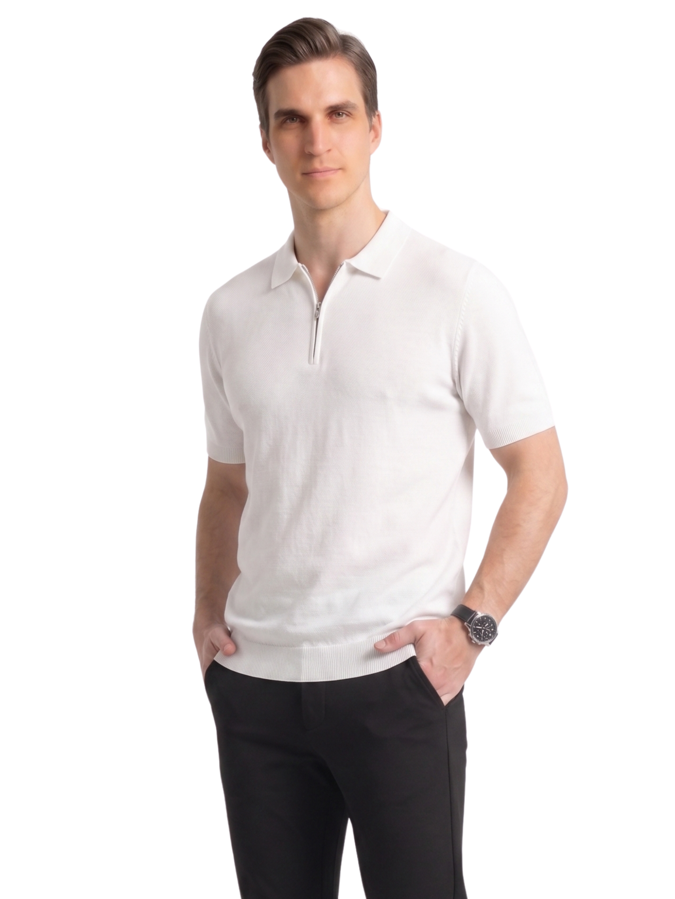 White Short Sleeved Polo With Modern Zip