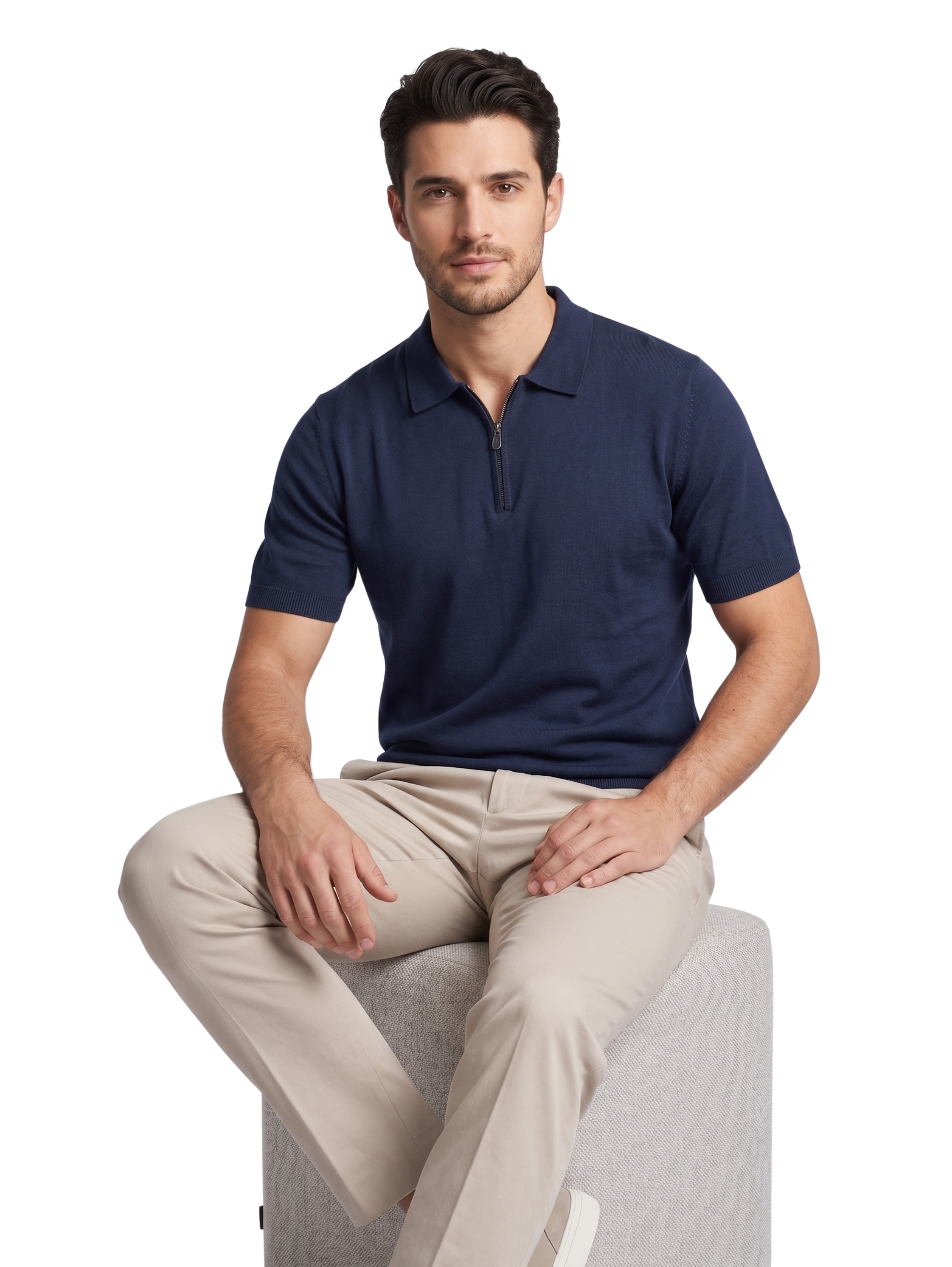 Navy Short Sleeved Polo With Modern Zip