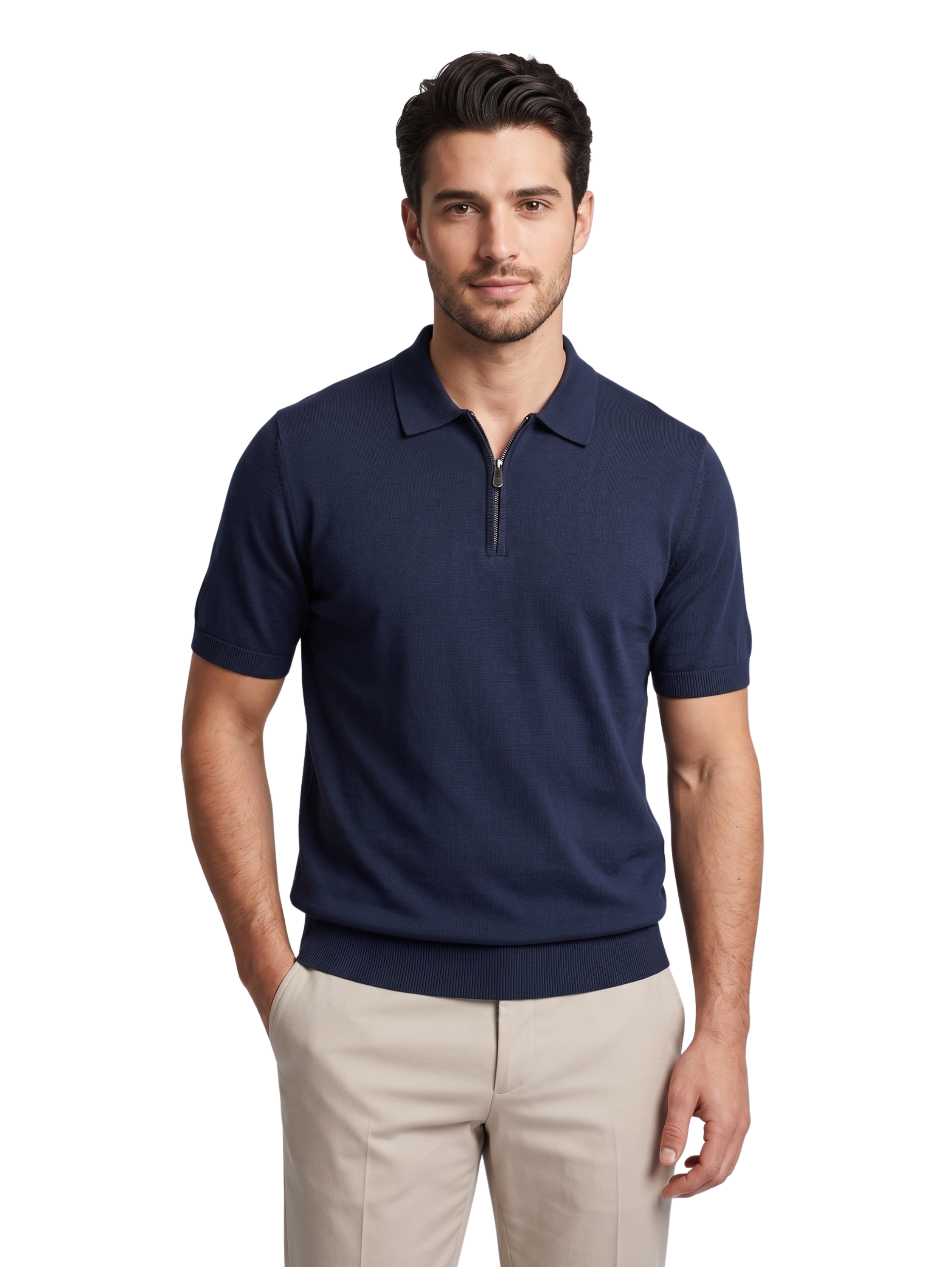 Navy Short Sleeved Polo With Modern Zip