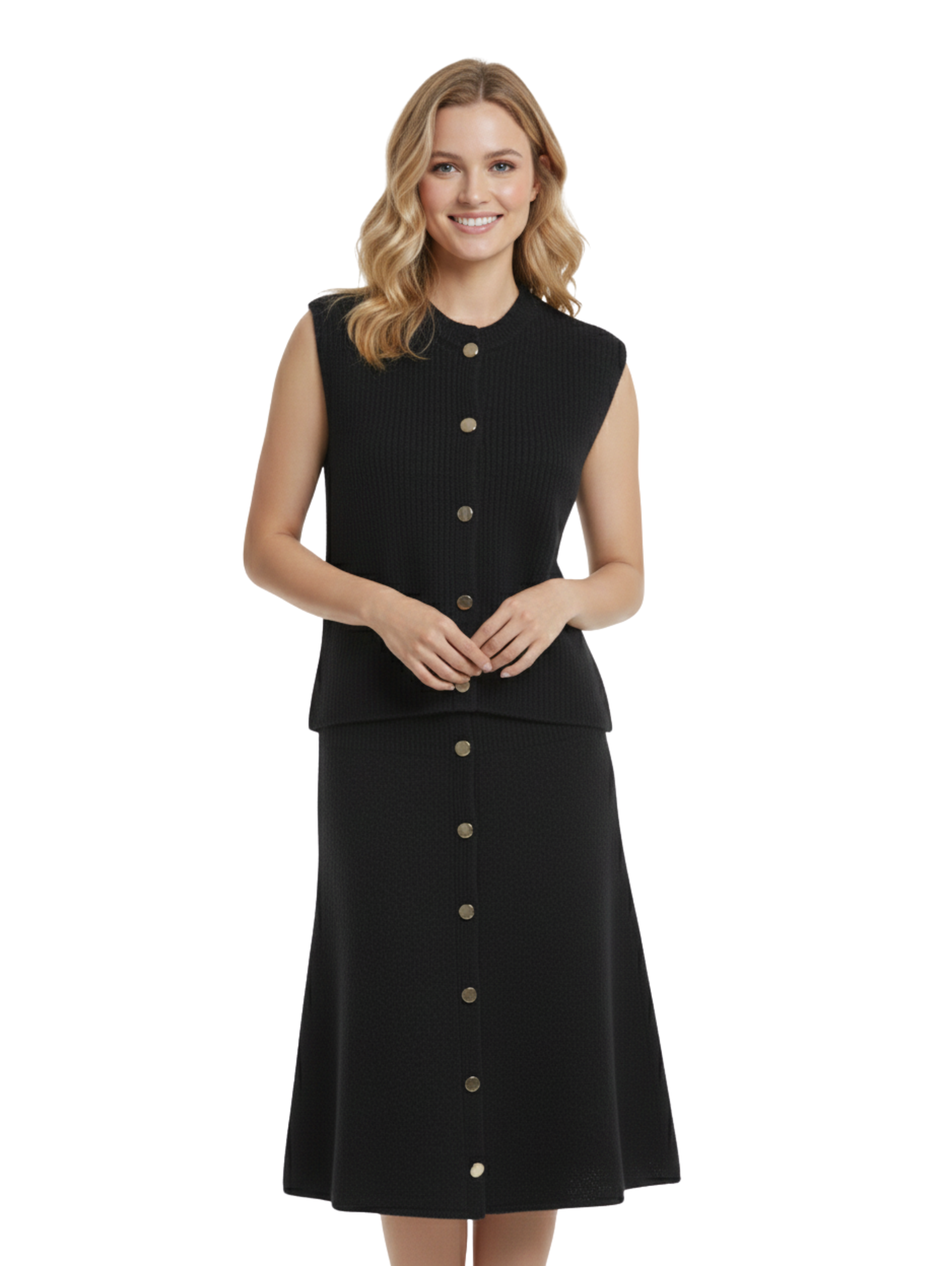 Black Knitted Set With Gold Button Design