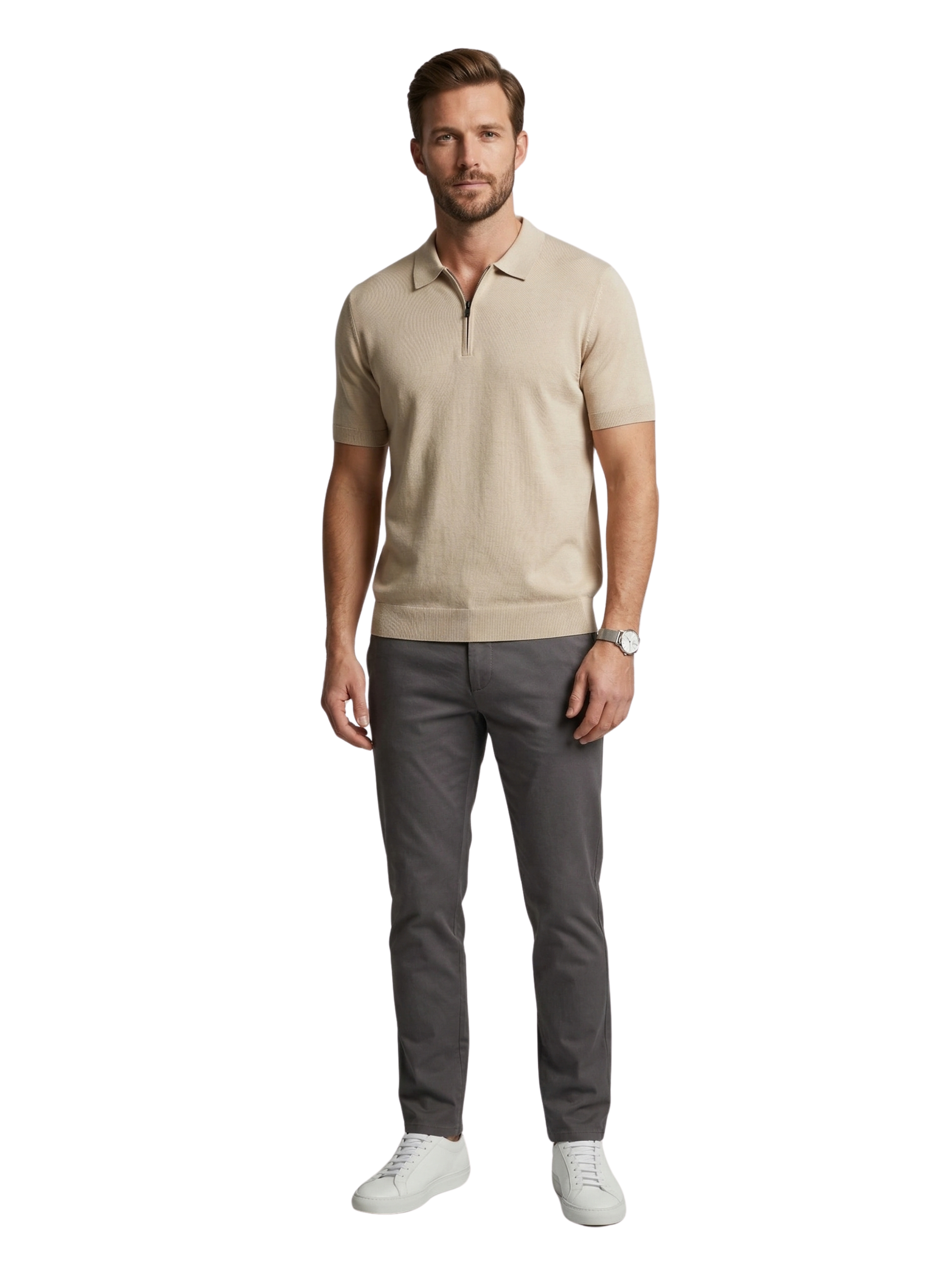 Beige Short Sleeved Polo With Modern Zip