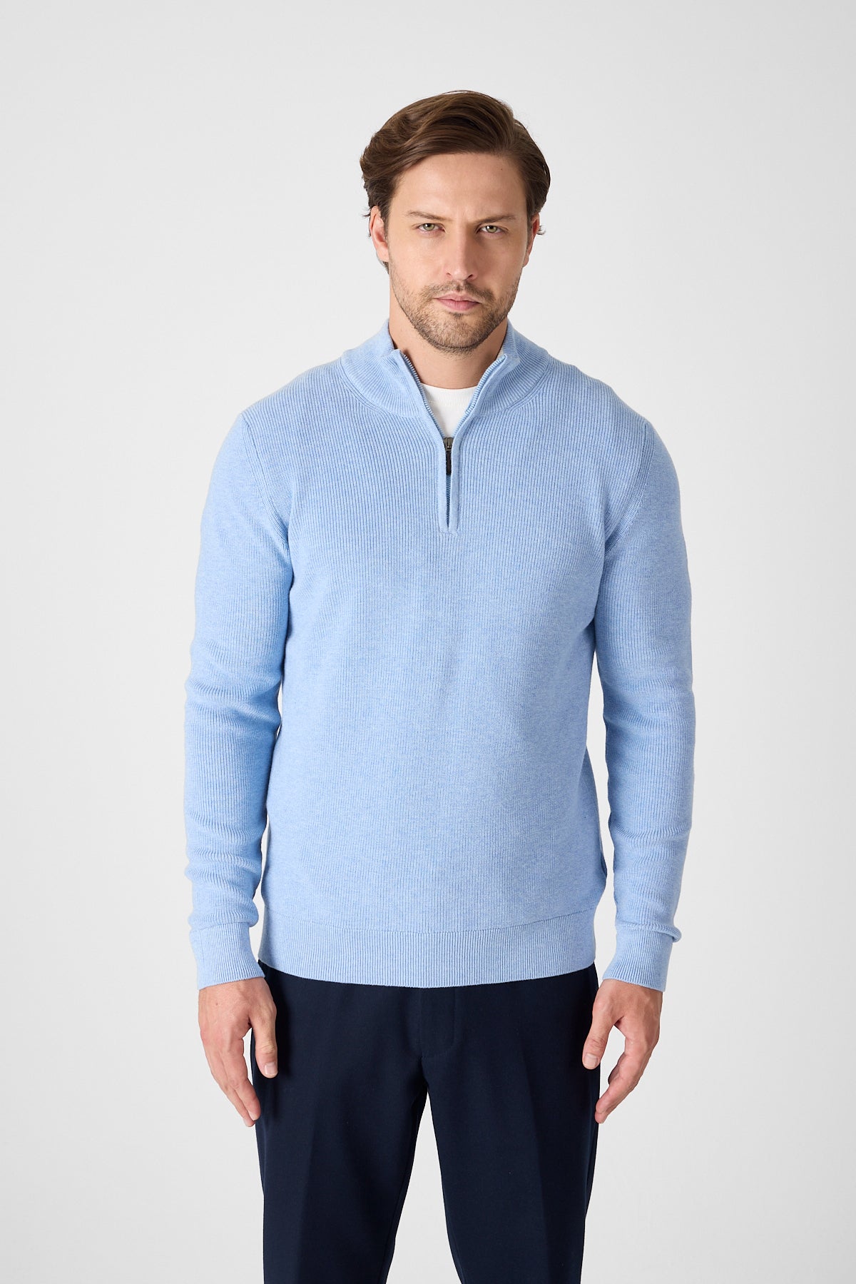 Casual Baby Blue Quarter Zip Pullover With Contrast Collar Accent