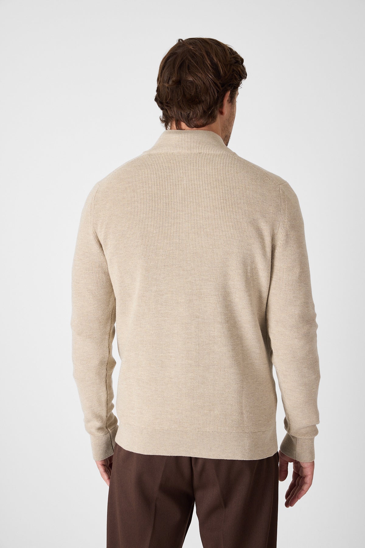Casual Beige Quarter Zip Pullover With Contrast Collar Accent