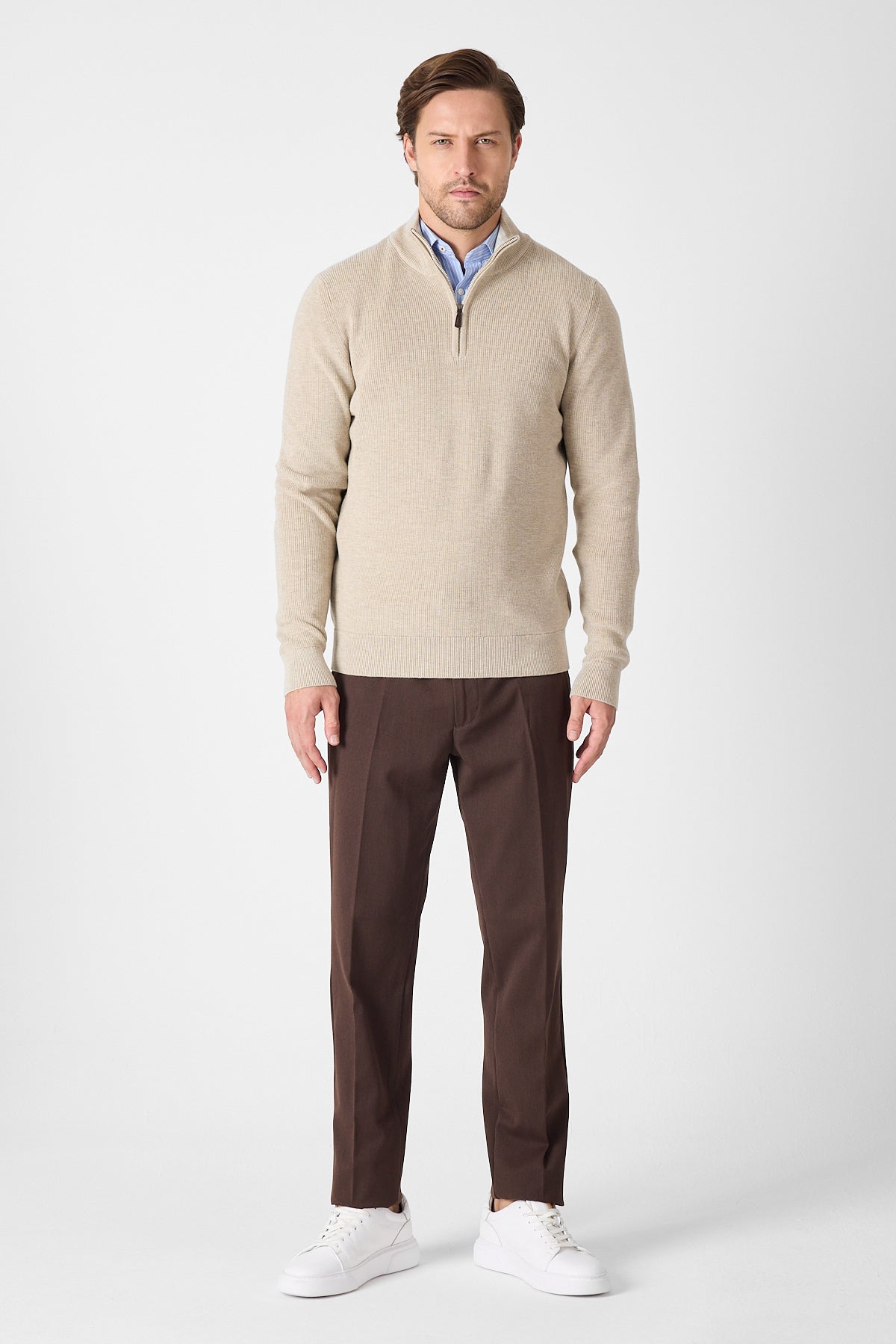 Casual Beige Quarter Zip Pullover With Contrast Collar Accent