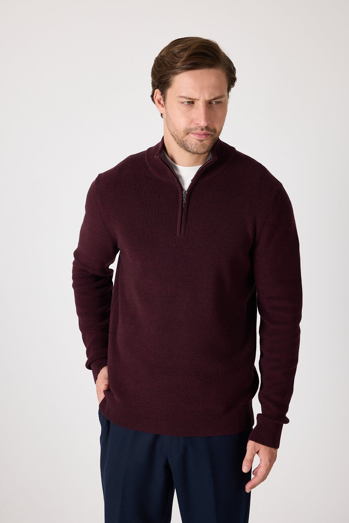 Casual Bordo Quarter Zip Pullover With Contrast Collar Accent