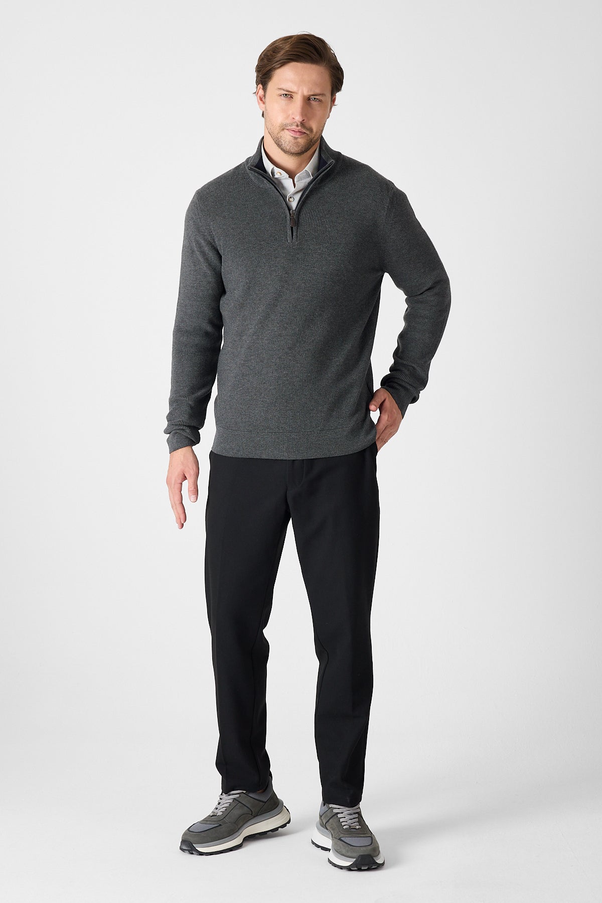 Casual Antra Quarter Zip Pullover With Contrast Collar Accent