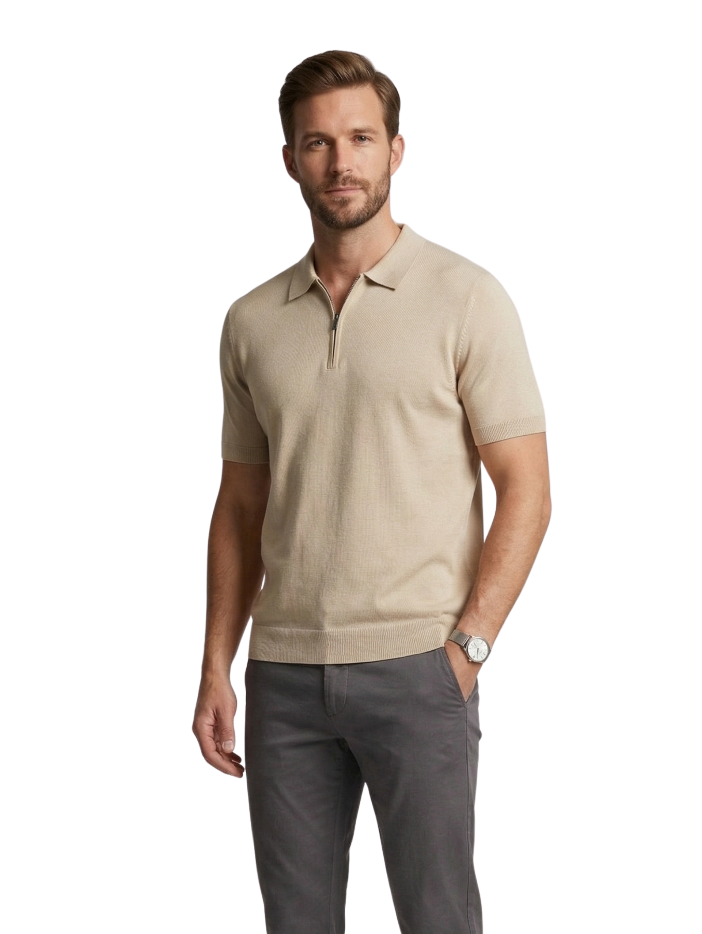 Beige Short Sleeved Polo With Modern Zip